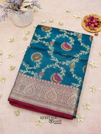 Peacock Blue Katan Floral Tilfi Jaal Saree