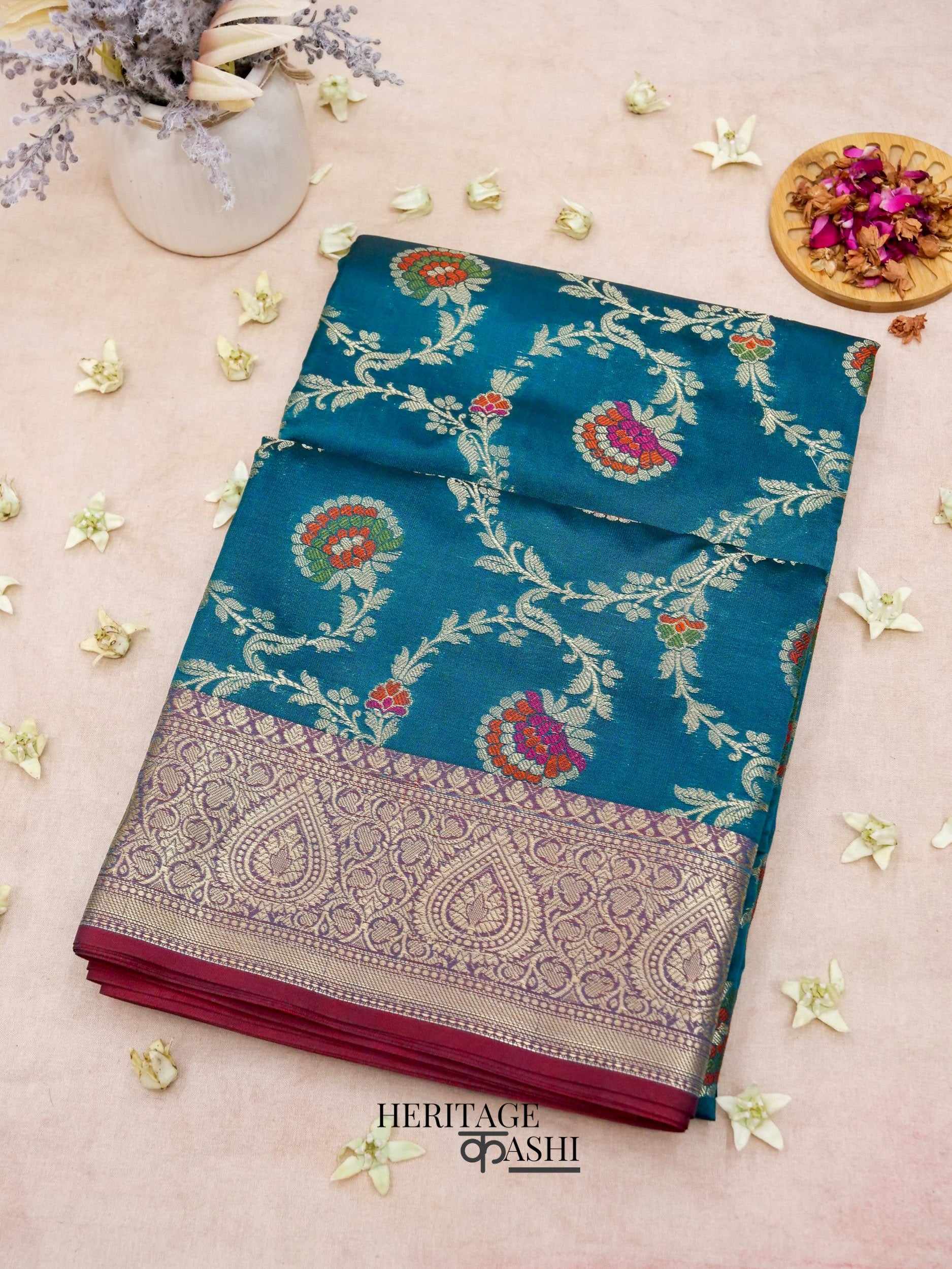 Peacock Blue Katan Floral Tilfi Jaal Saree
