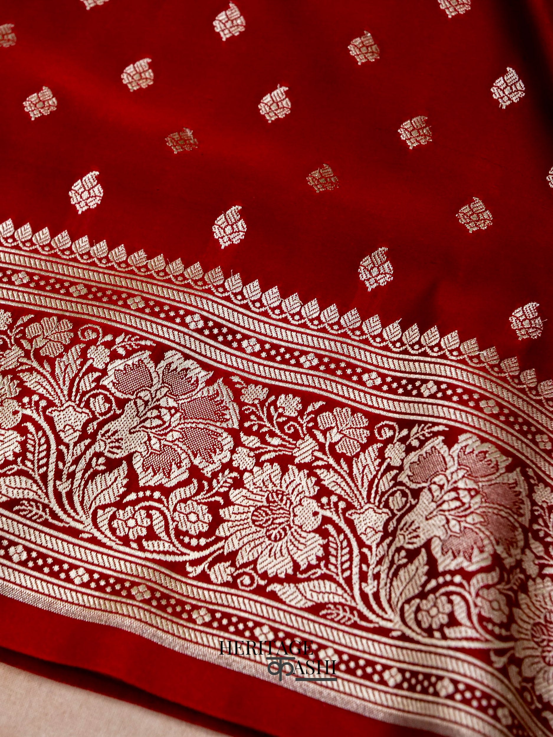 Blood Red Mashru Silk Buti Handloom Saree