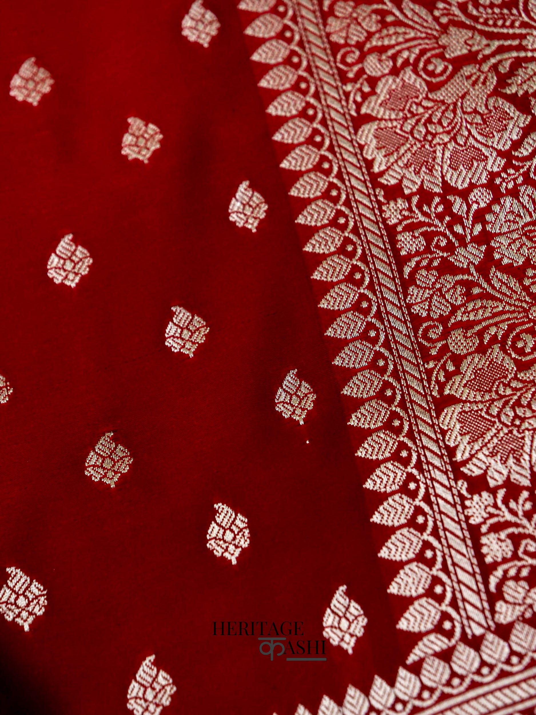 Blood Red Mashru Silk Buti Handloom Saree