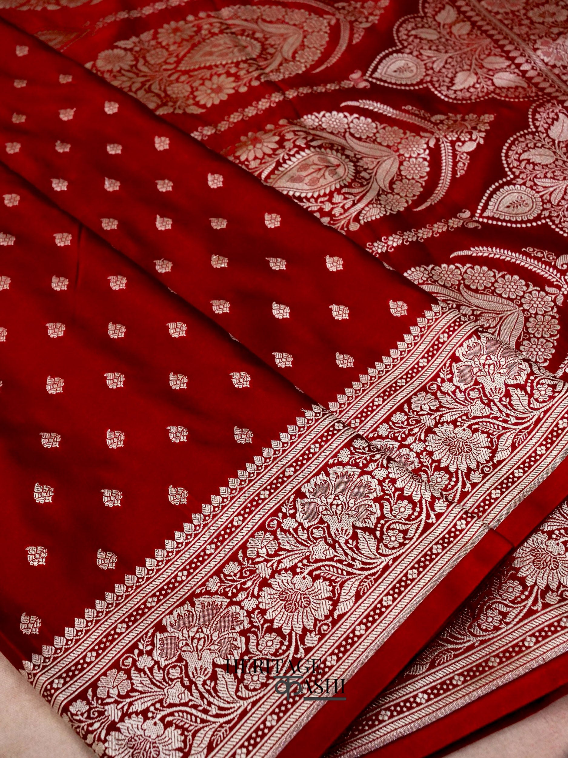 Blood Red Mashru Silk Buti Handloom Saree