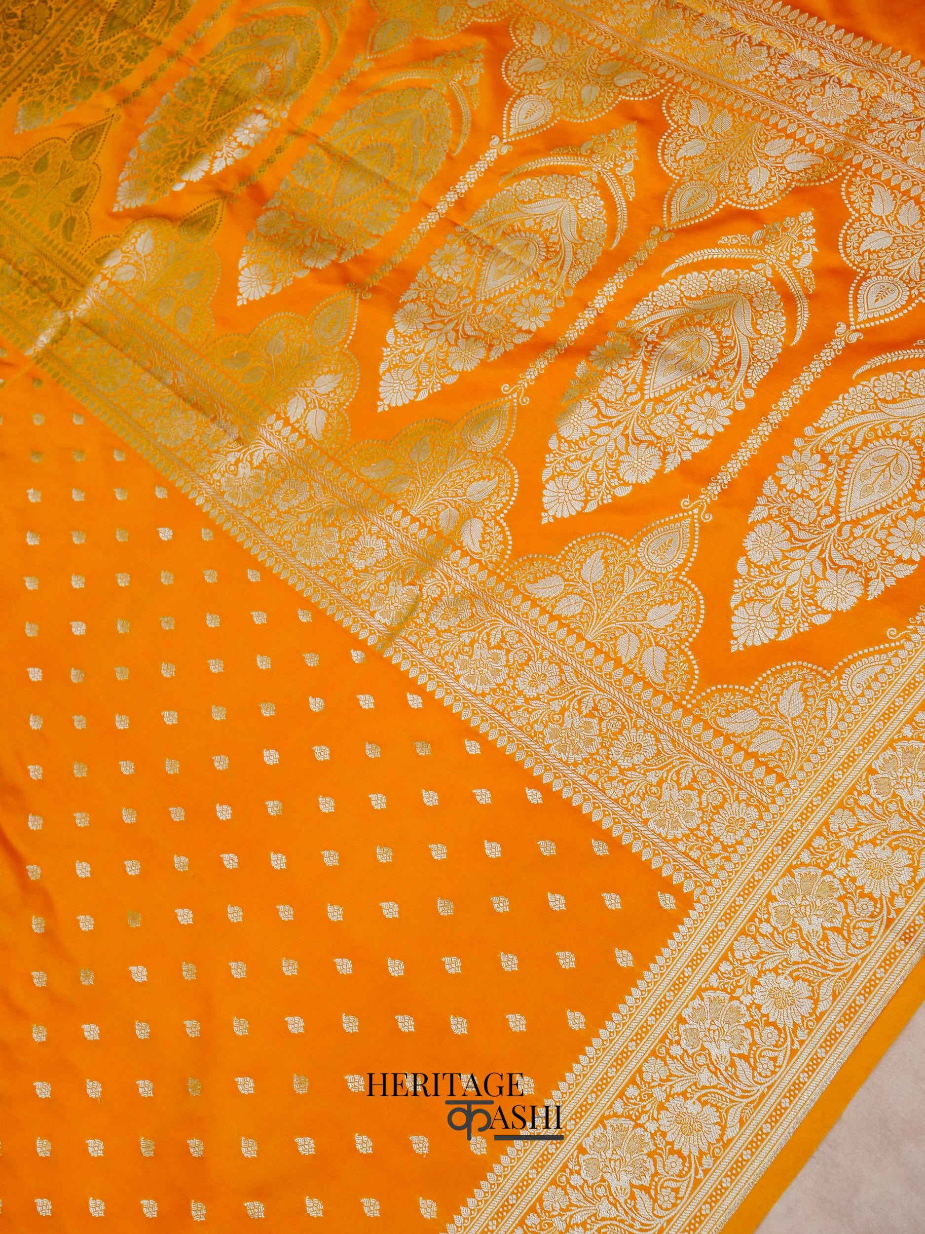 Orange Mashru Silk Buti Handloom Saree