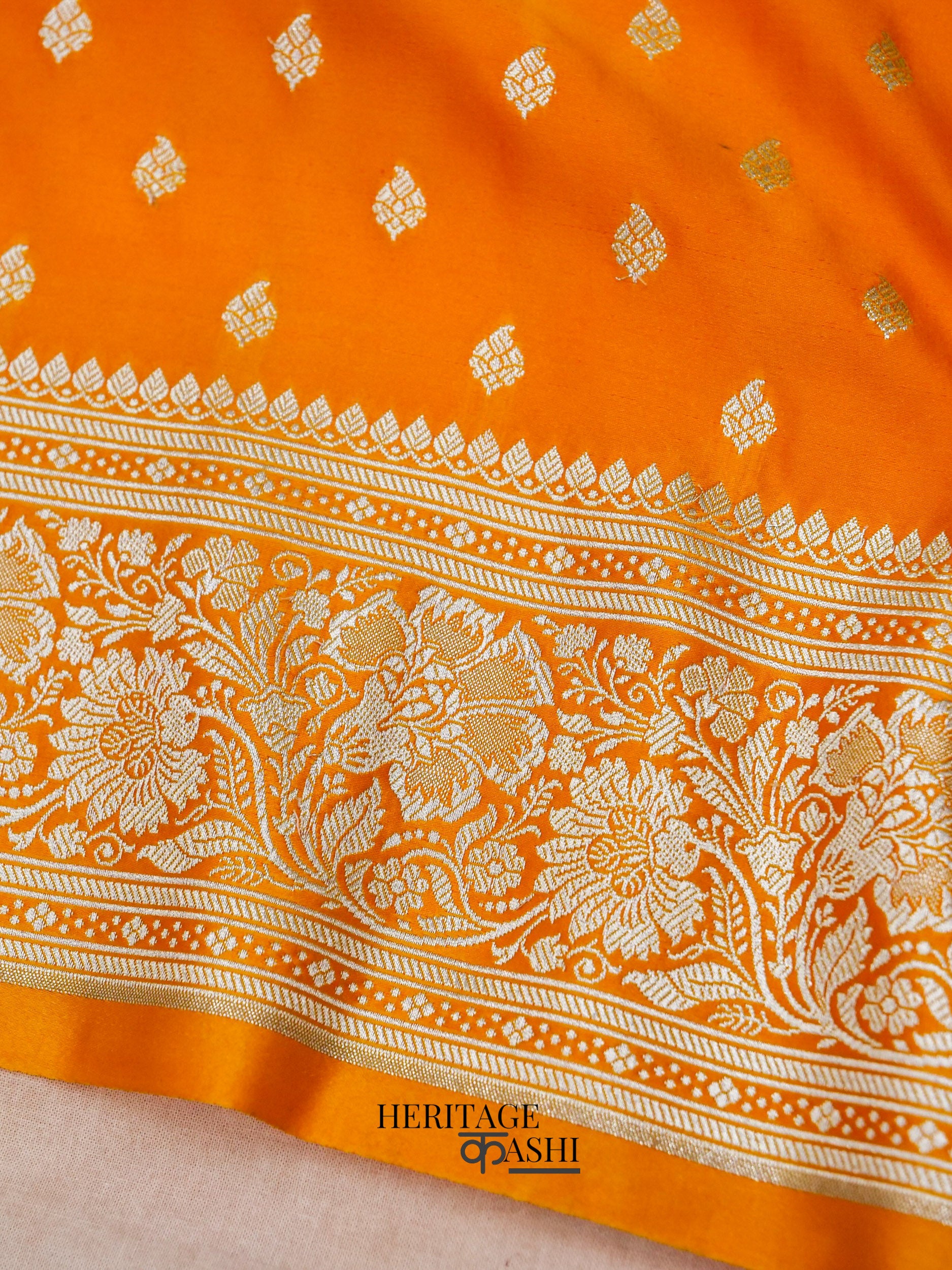 Orange Mashru Silk Buti Handloom Saree