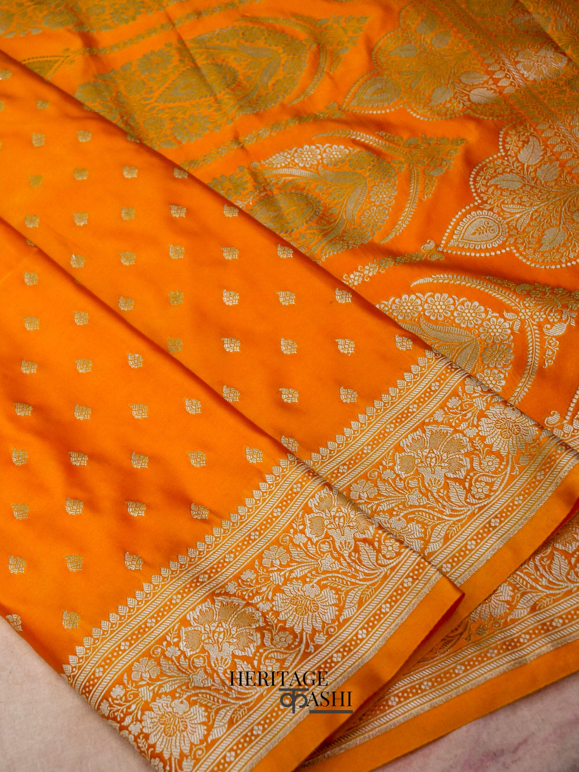 Orange Mashru Silk Buti Handloom Saree
