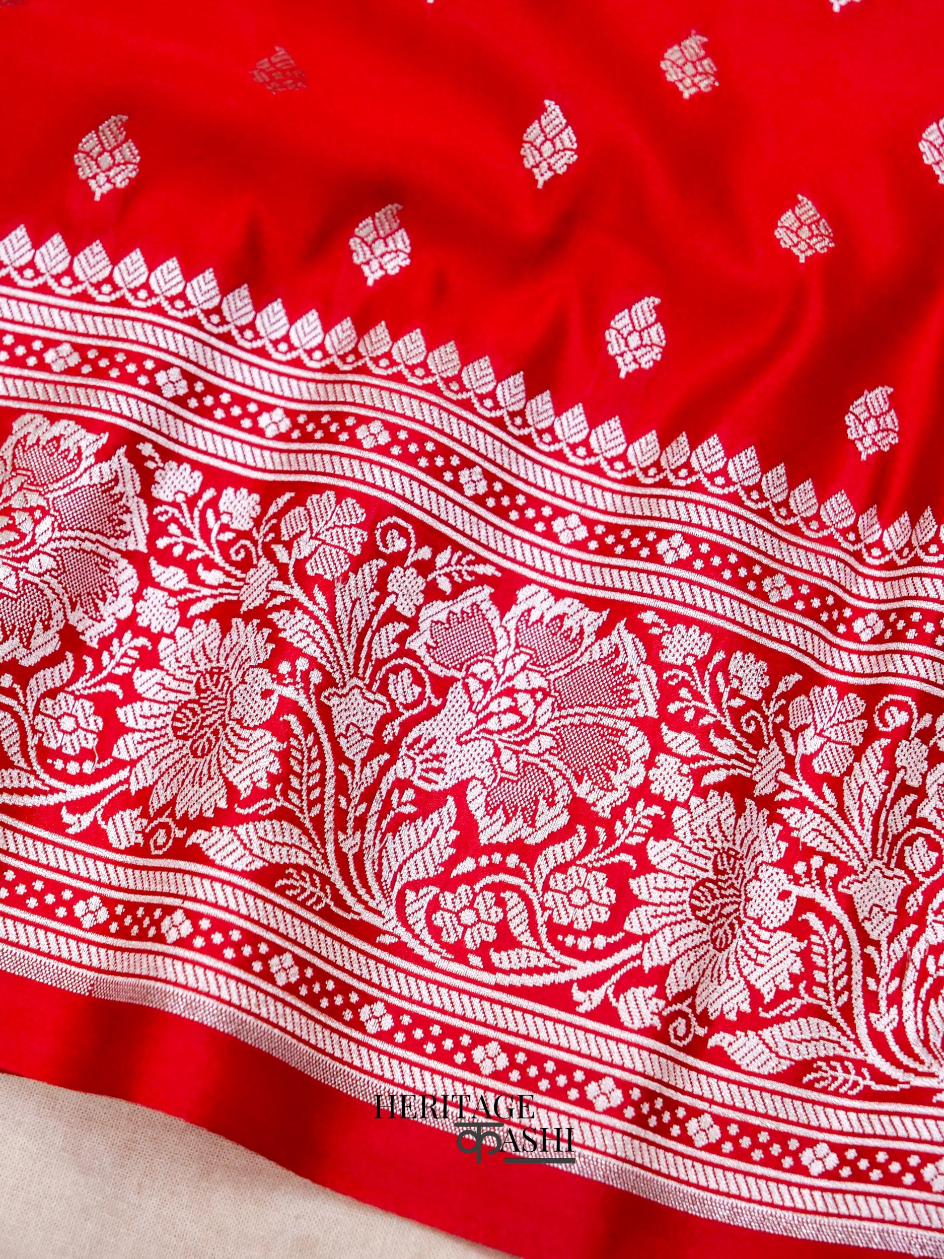Crimson Red Mashru Silk Buti Handloom Saree