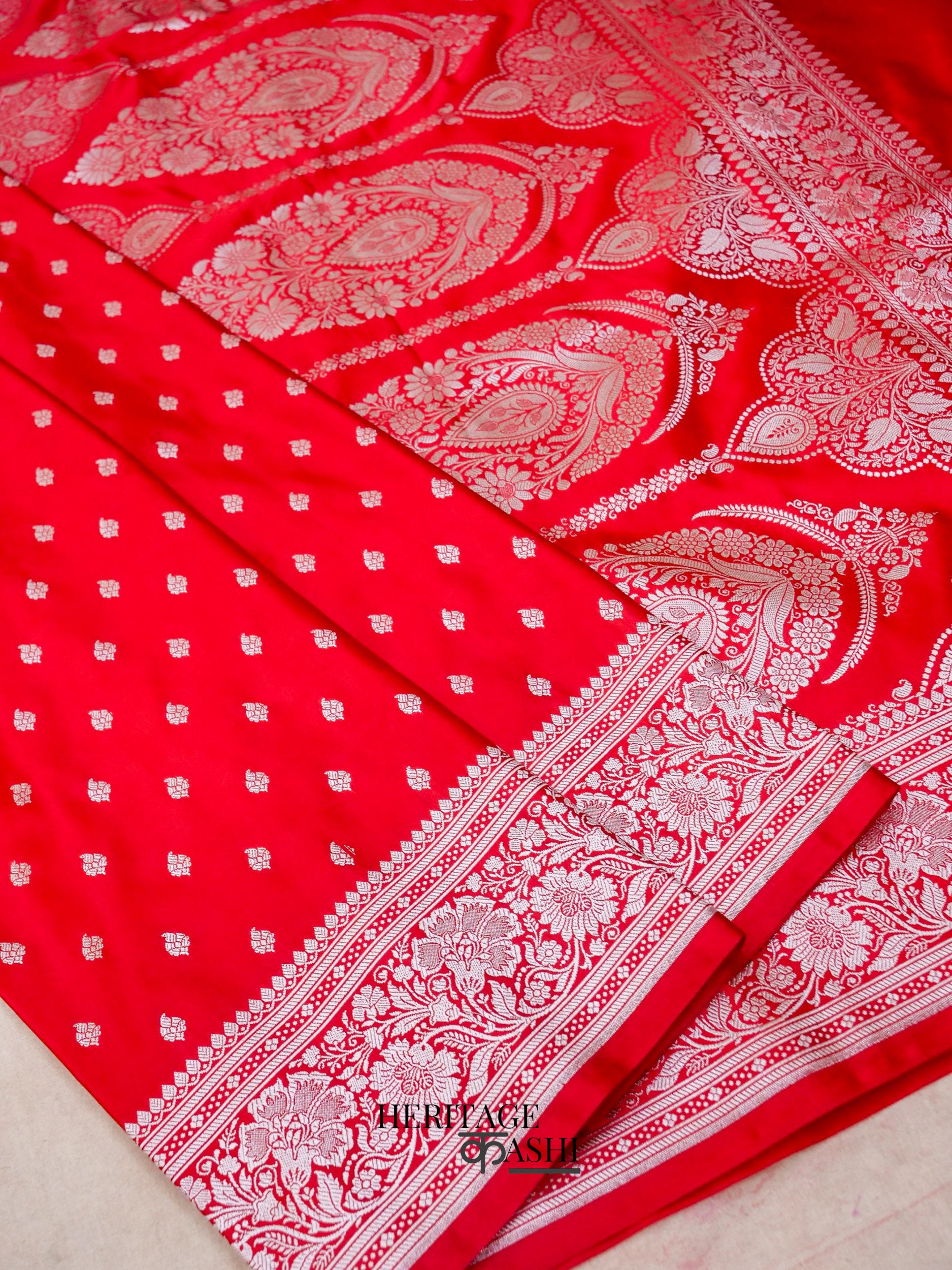 Crimson Red Mashru Silk Buti Handloom Saree