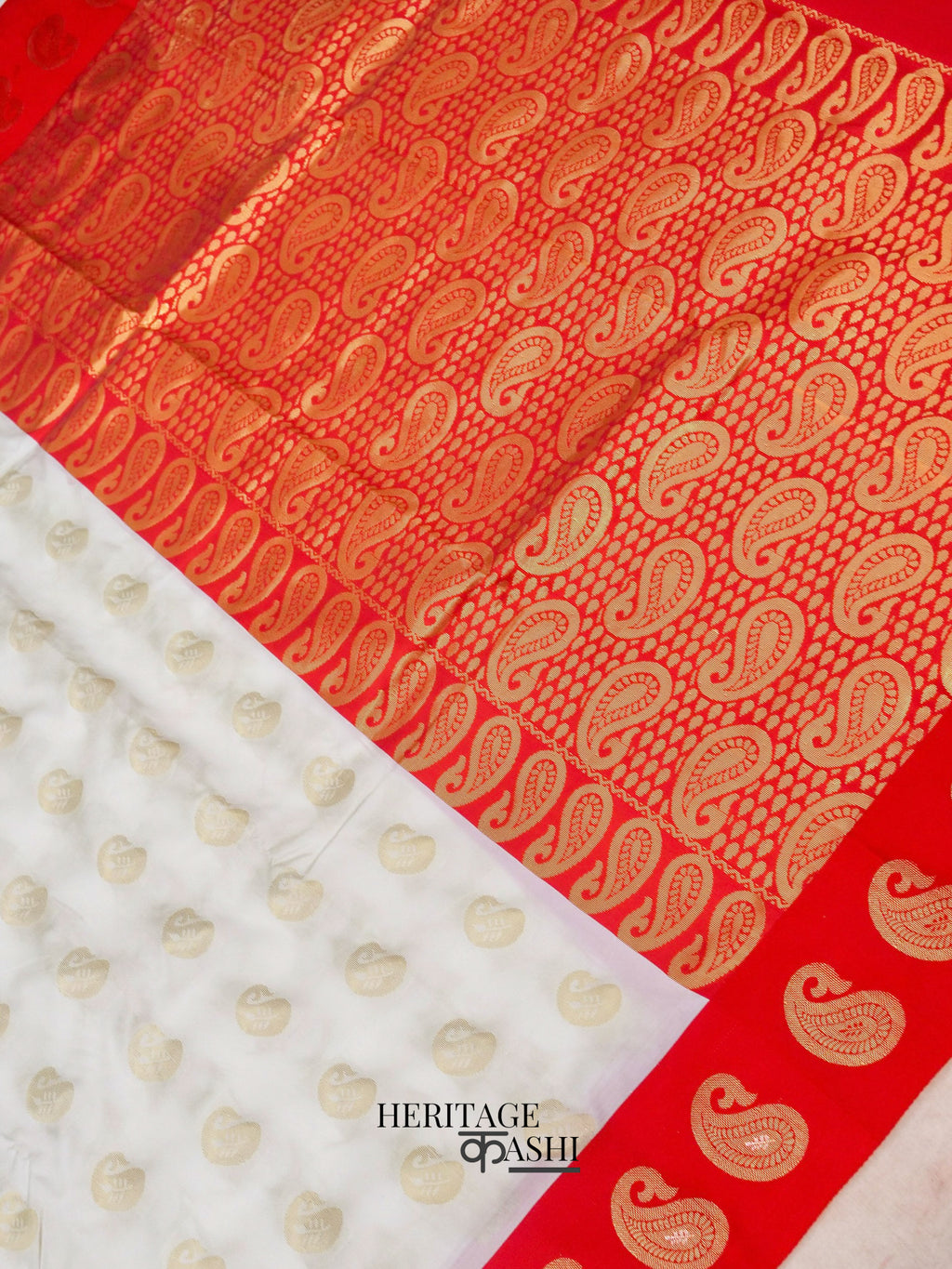 White Red Katan Silk Golden Paisley Motifs Saree