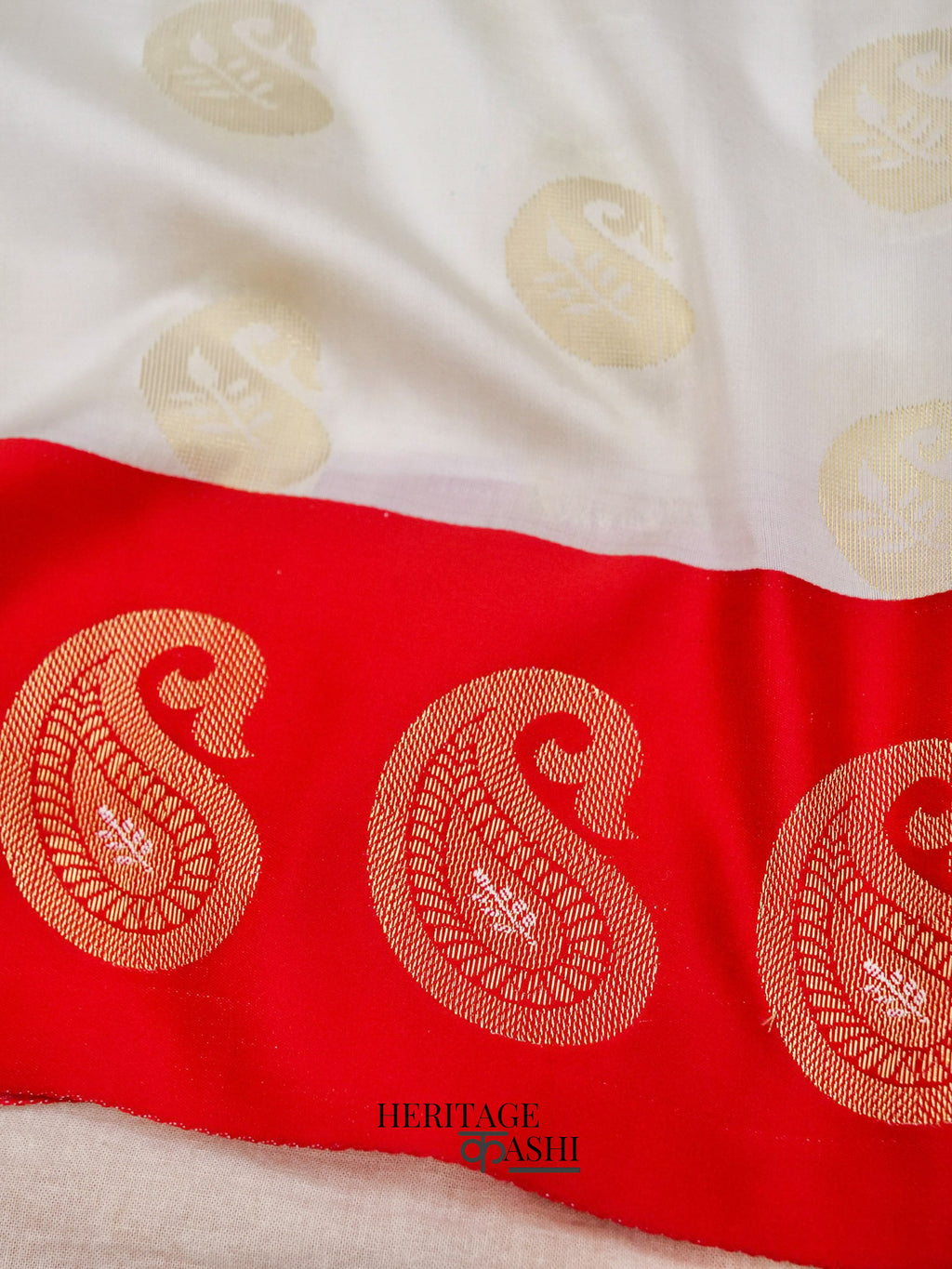 White Red Katan Silk Golden Paisley Motifs Saree