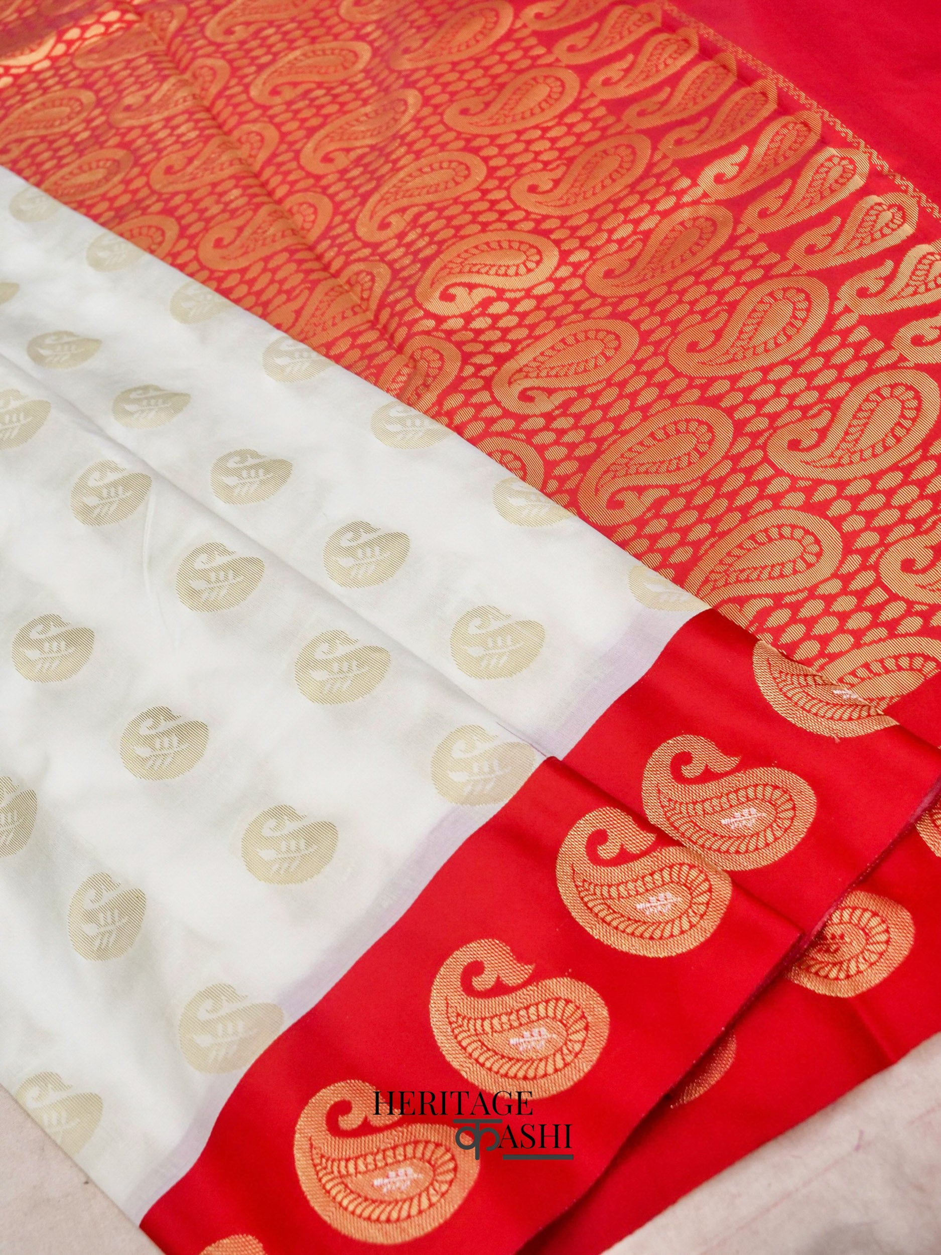 White Red Katan Silk Golden Paisley Motifs Saree