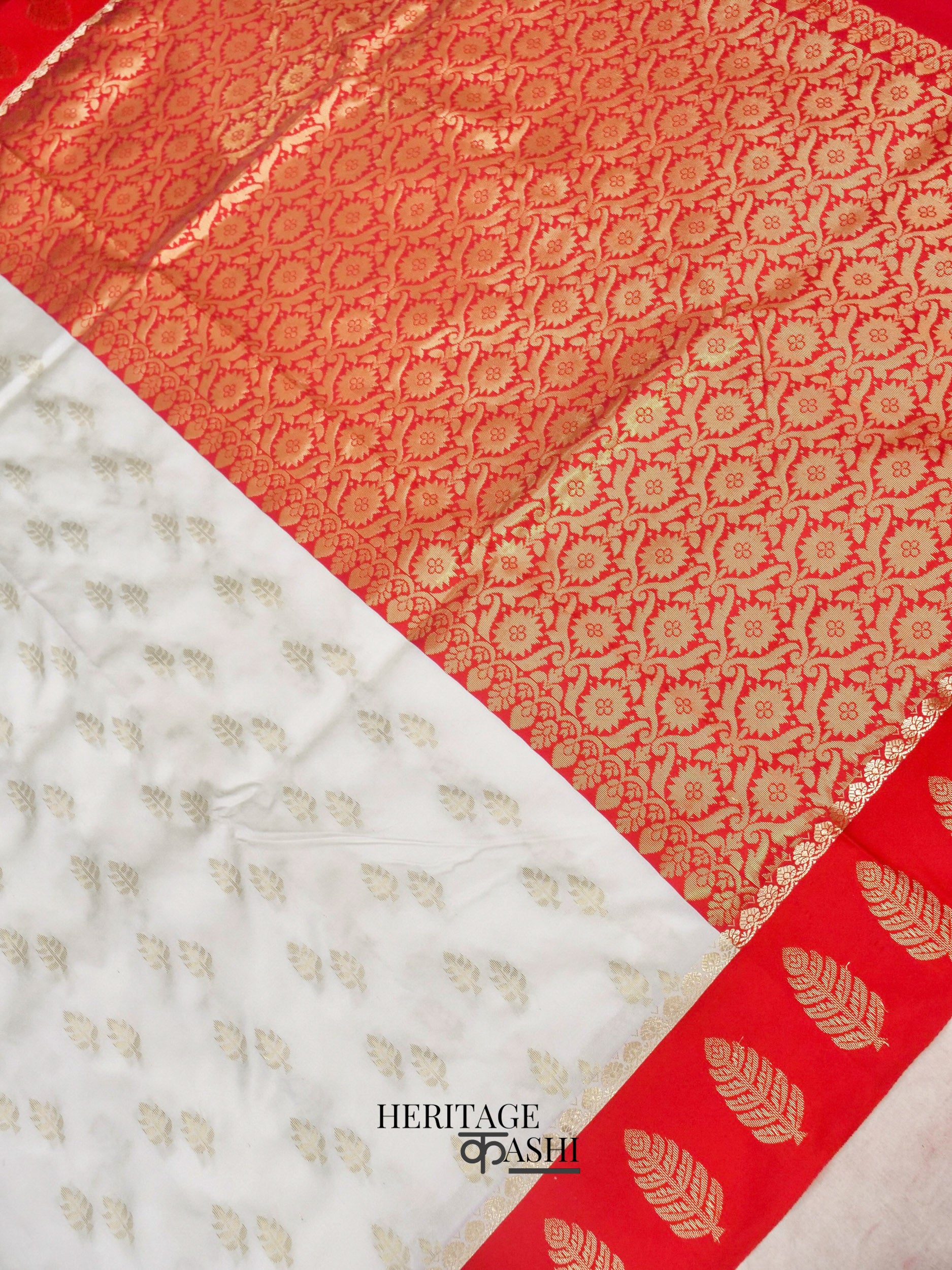 White Red Katan Silk Golden Leaf Motifs Saree