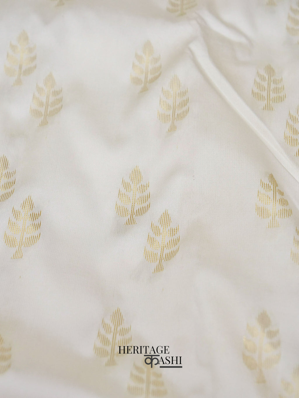 White Red Katan Silk Golden Leaf Motifs Saree