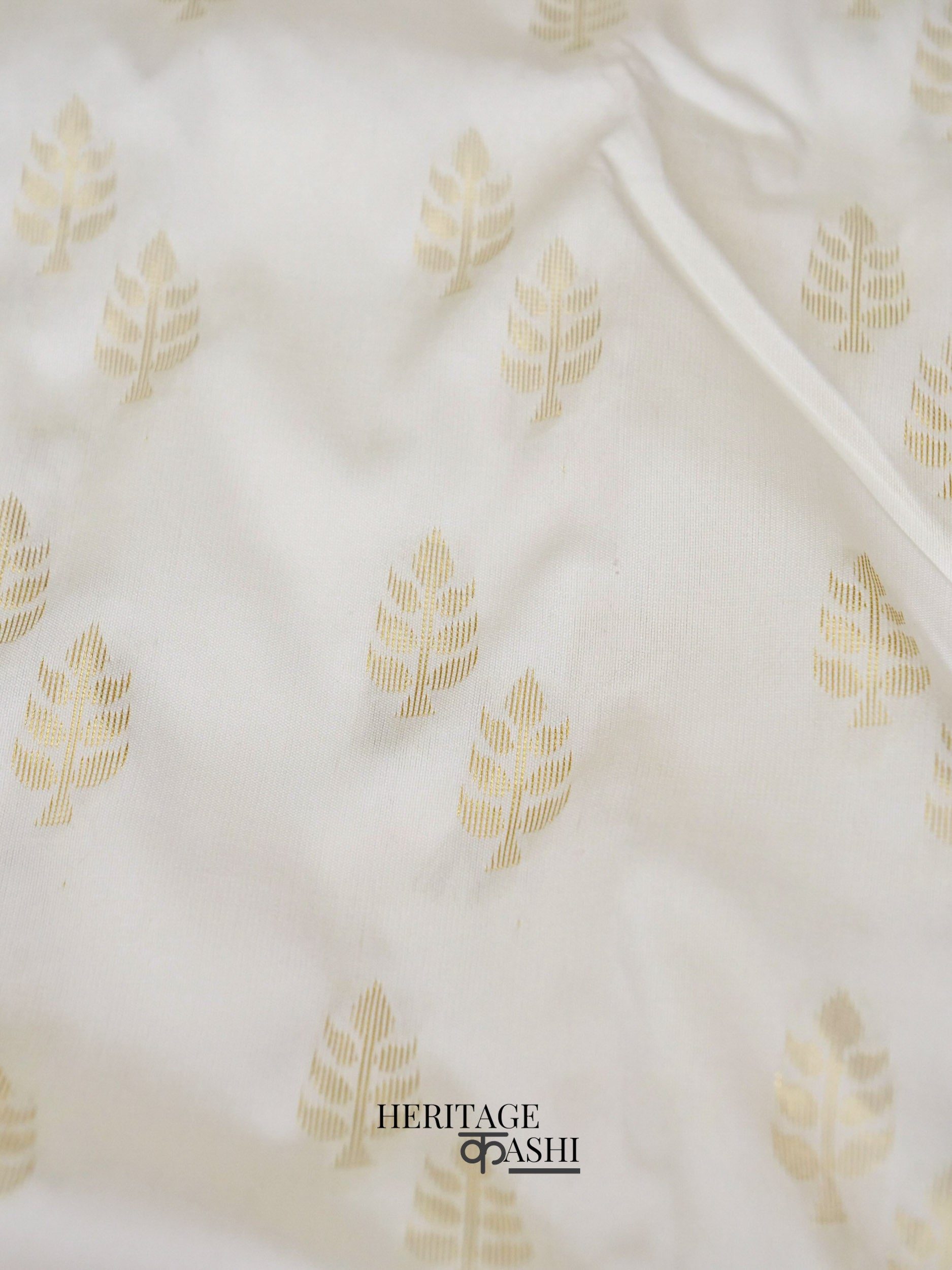 White Red Katan Silk Golden Leaf Motifs Saree