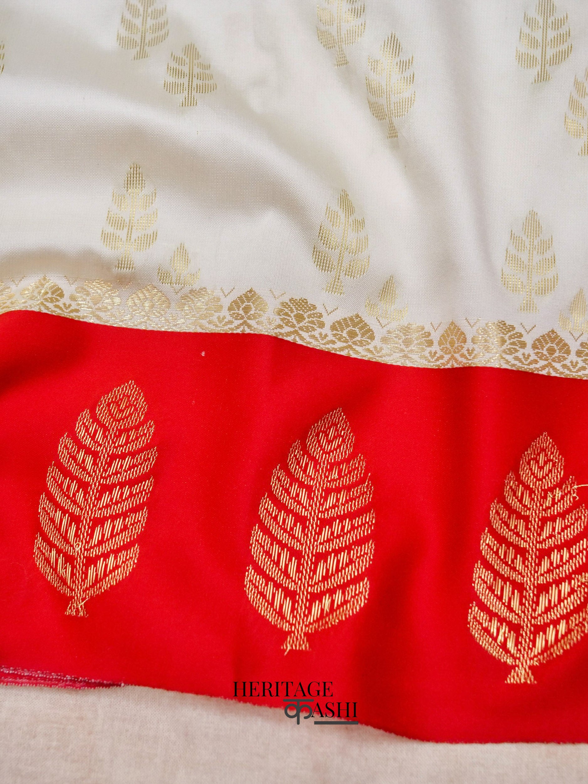 White Red Katan Silk Golden Leaf Motifs Saree