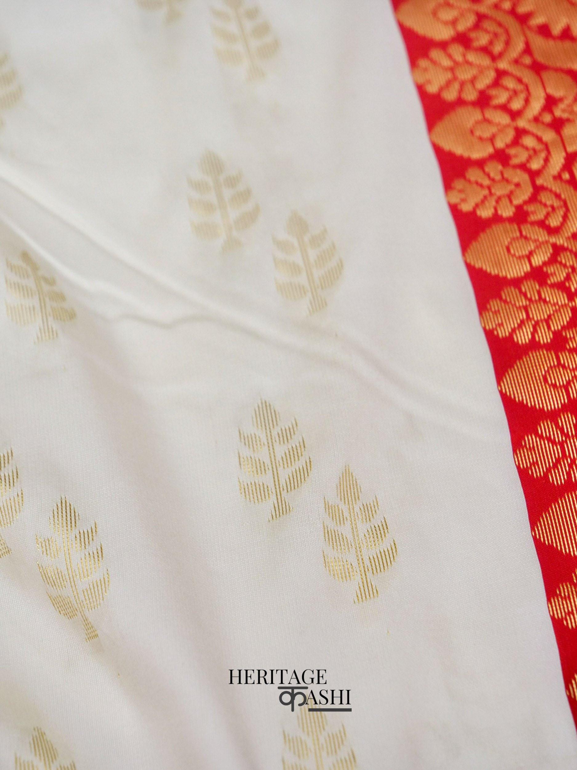 White Red Katan Silk Golden Leaf Motifs Saree
