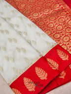 White Red Katan Silk Golden Leaf Motifs Saree