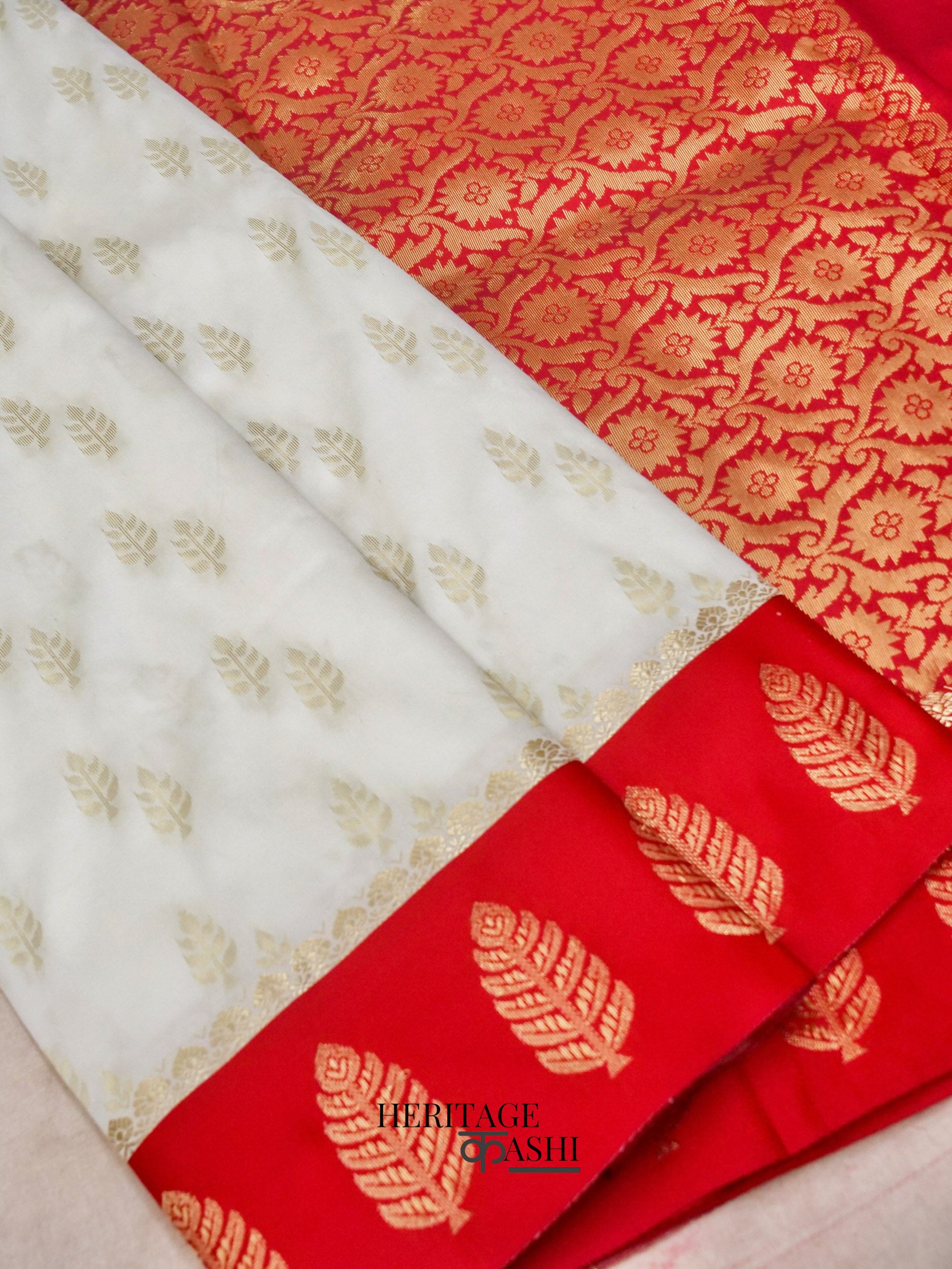 White Red Katan Silk Golden Leaf Motifs Saree