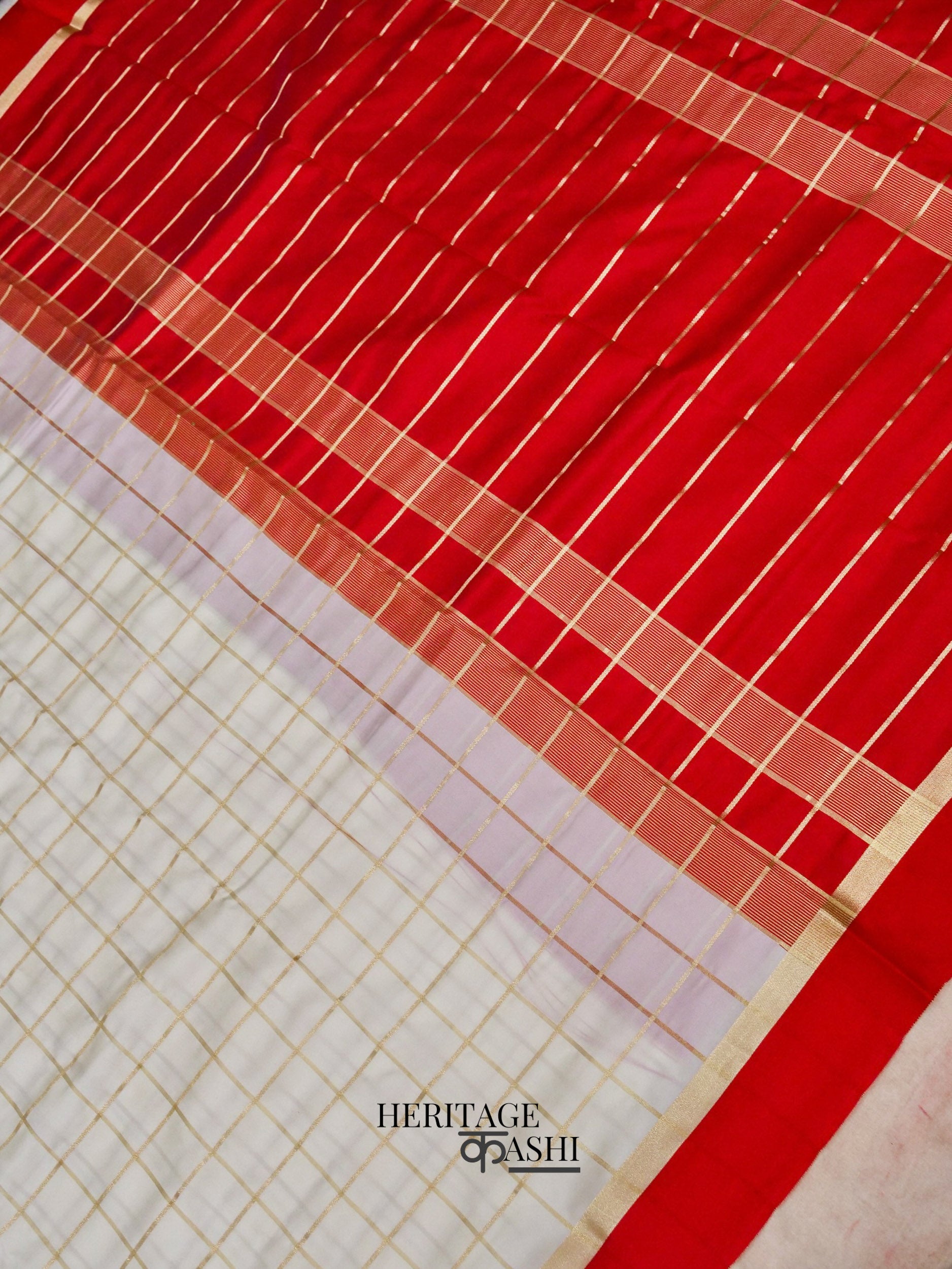 White Red Katan Silk Golden Checks Saree