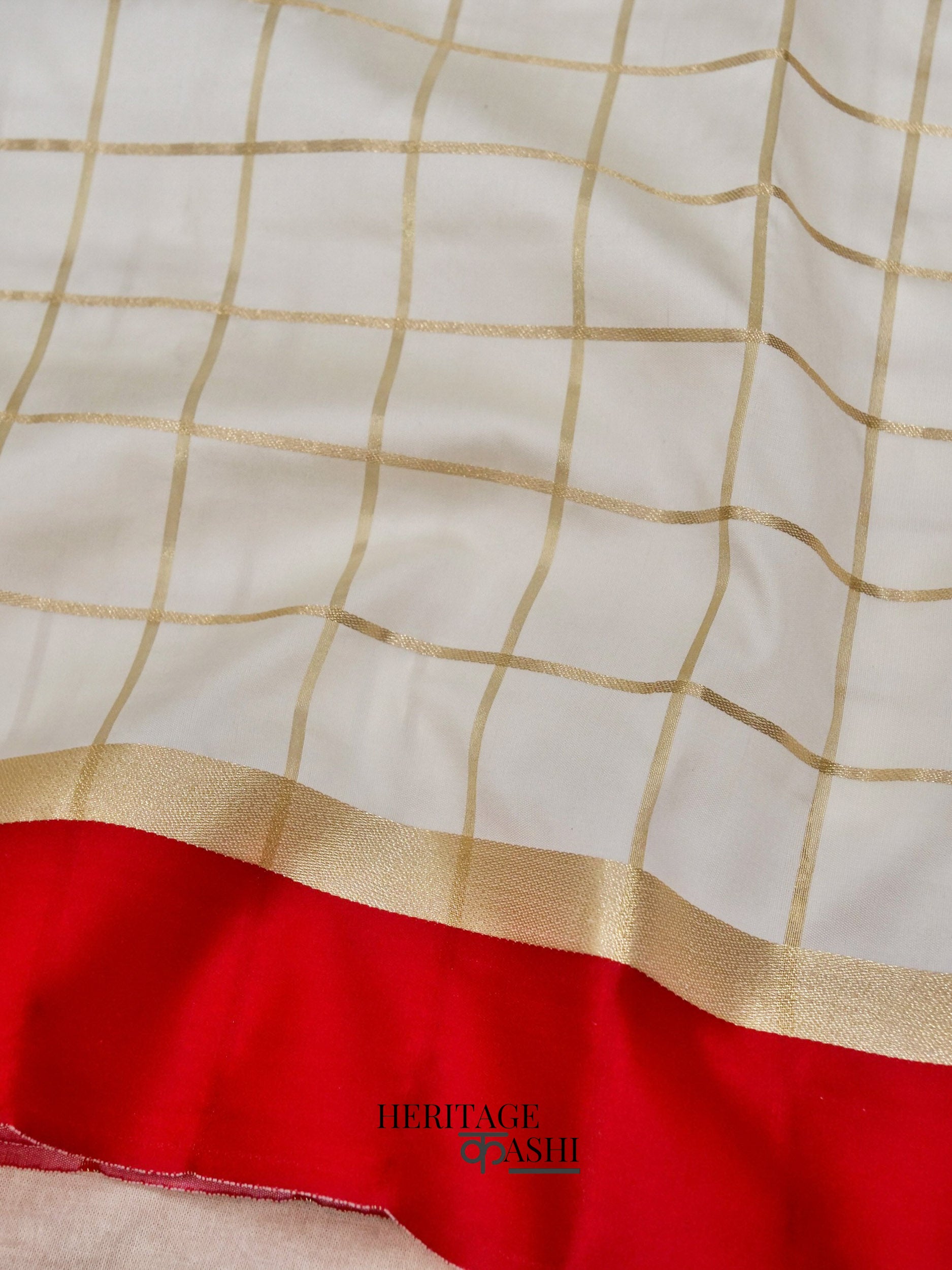 White Red Katan Silk Golden Checks Saree