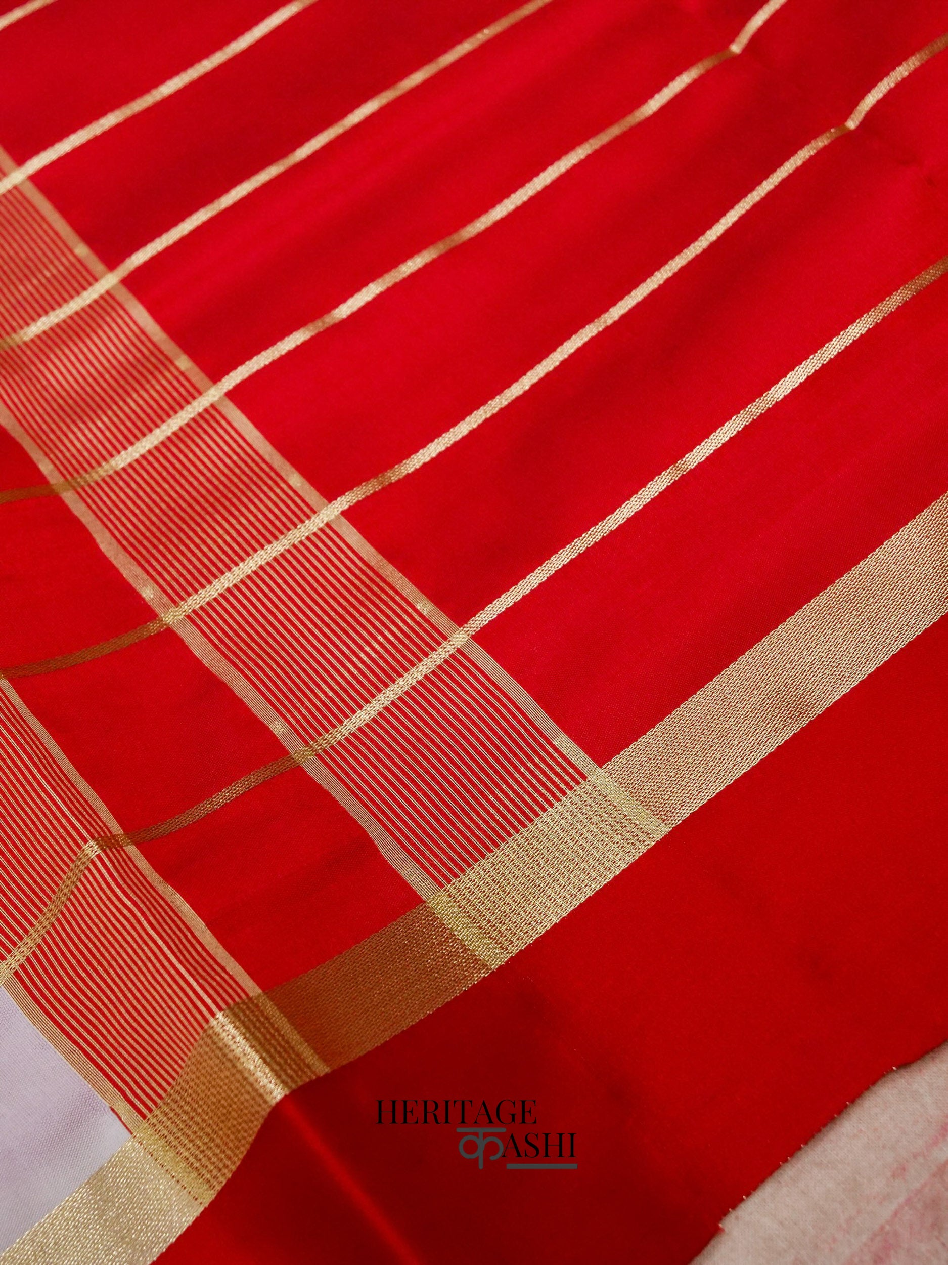 White Red Katan Silk Golden Checks Saree