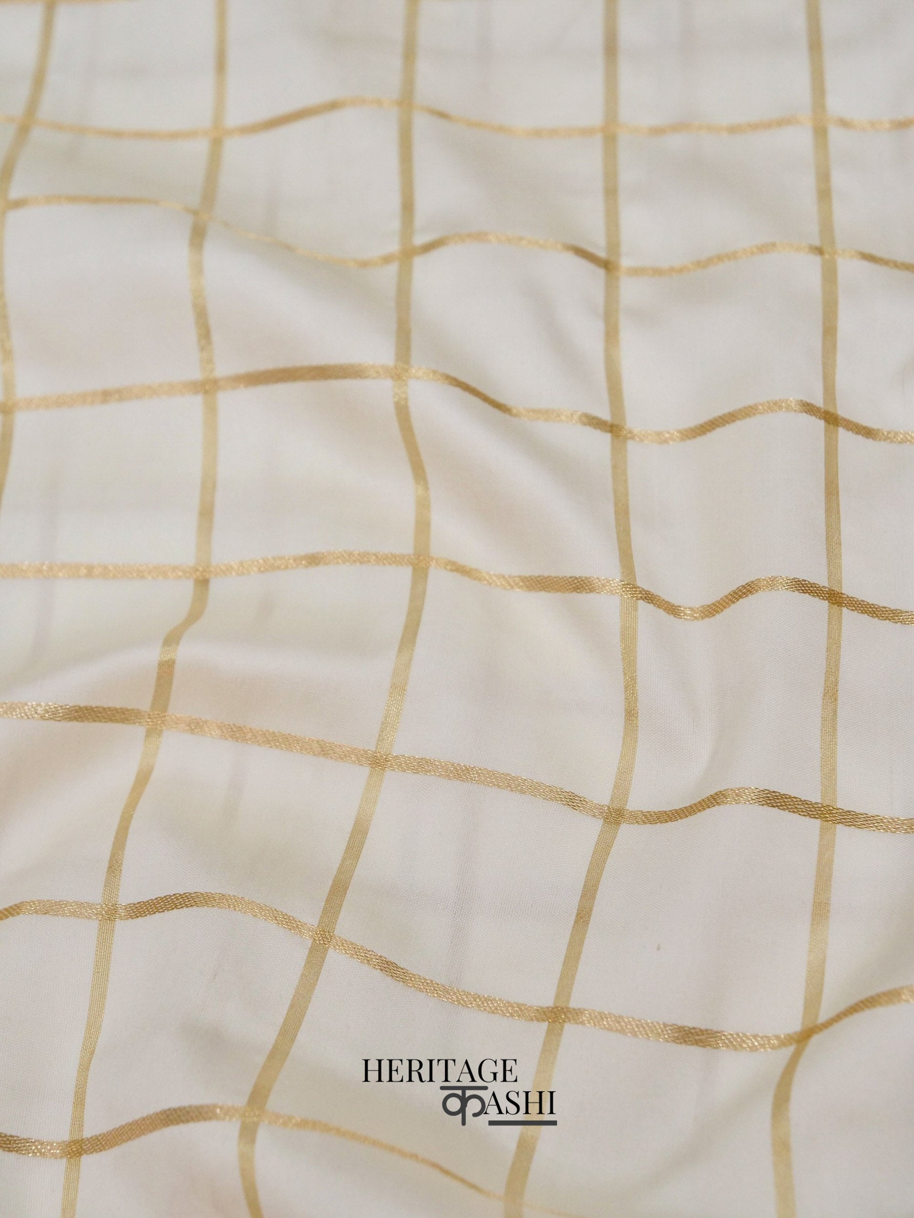 White Red Katan Silk Golden Checks Saree
