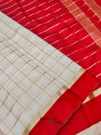 White Red Katan Silk Golden Checks Saree
