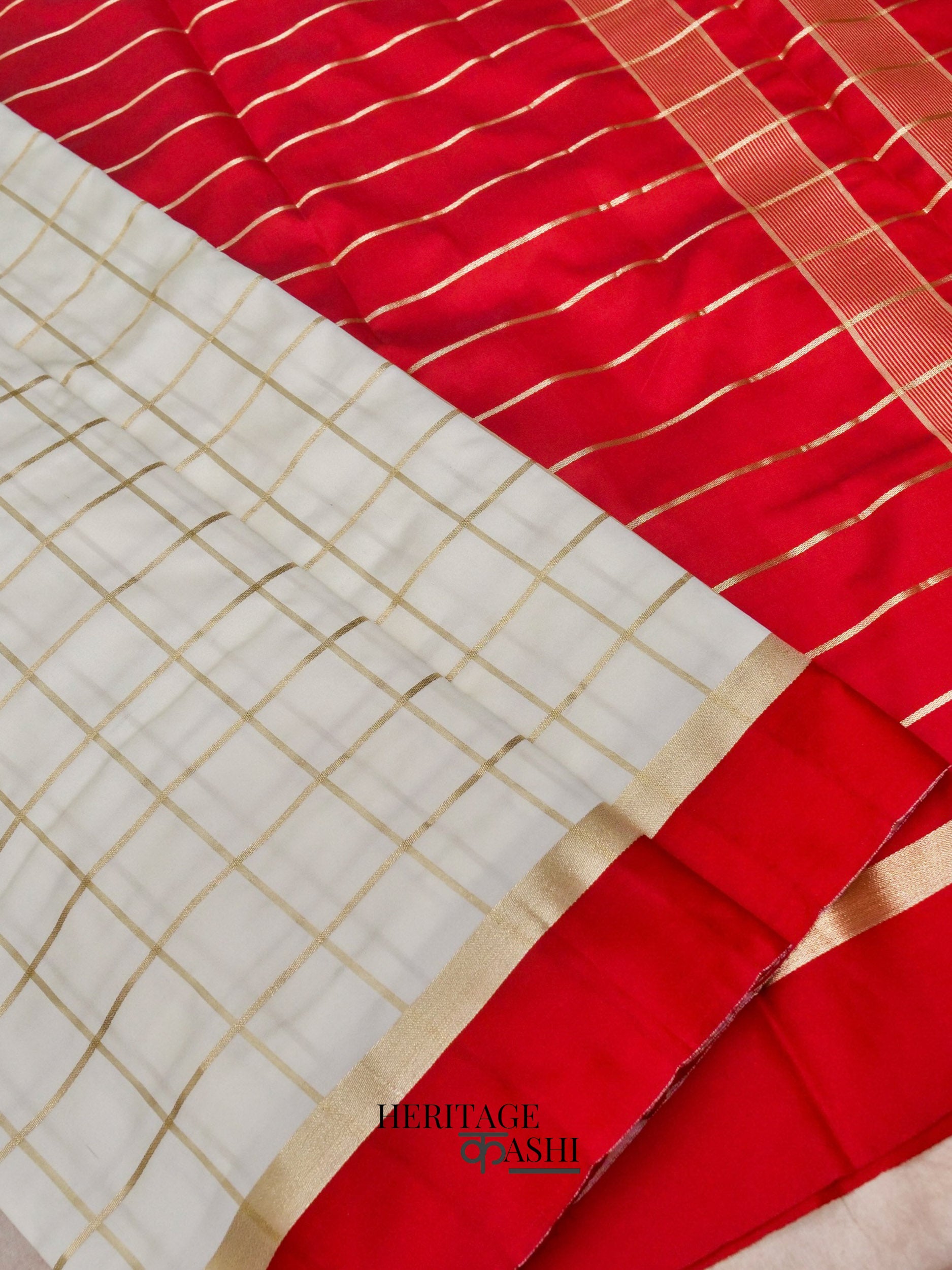 White Red Katan Silk Golden Checks Saree