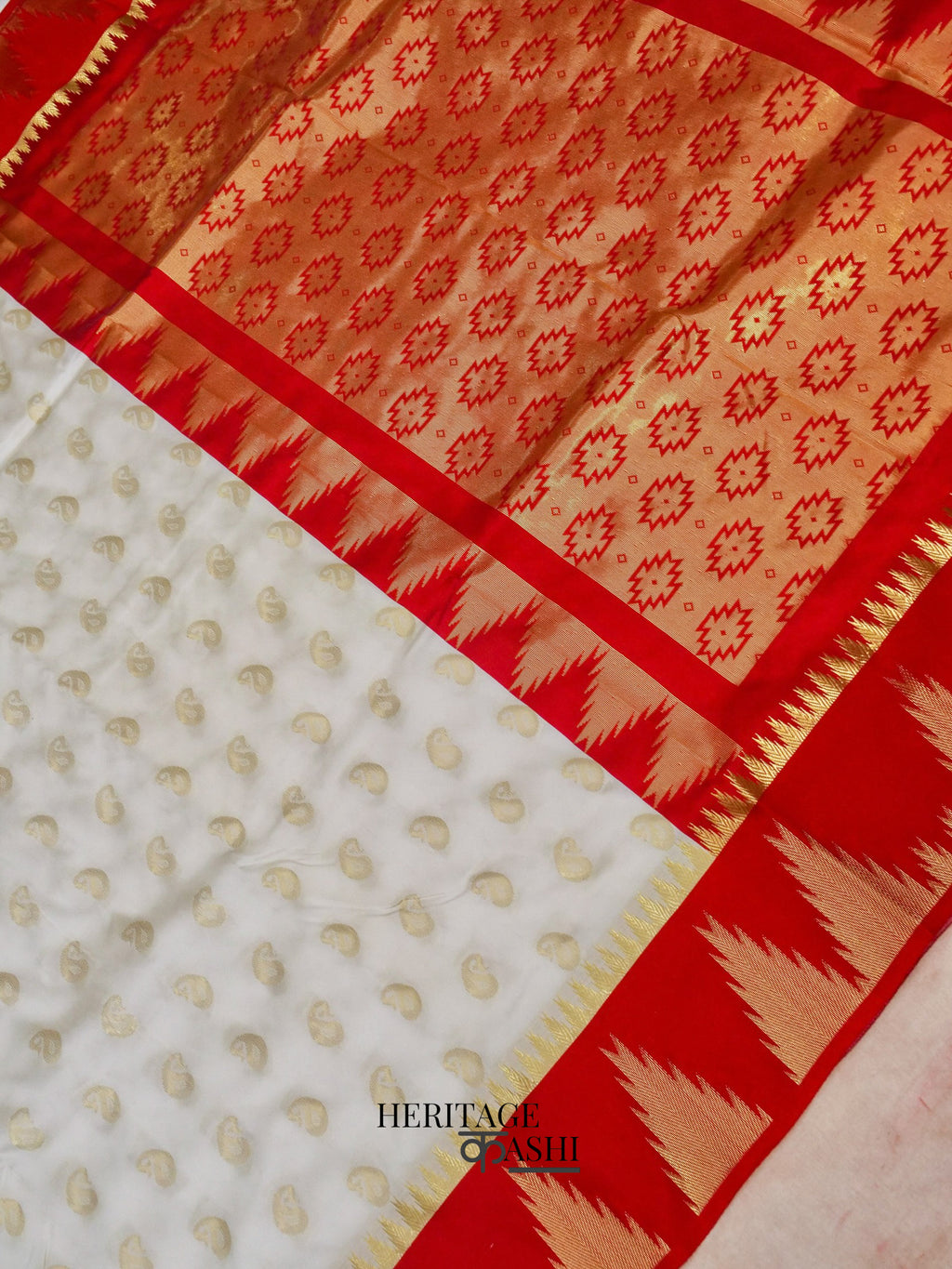 White Red Katan Silk Temple Border Geometric Pallu Saree
