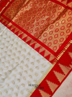White Red Katan Silk Temple Border Geometric Pallu Saree