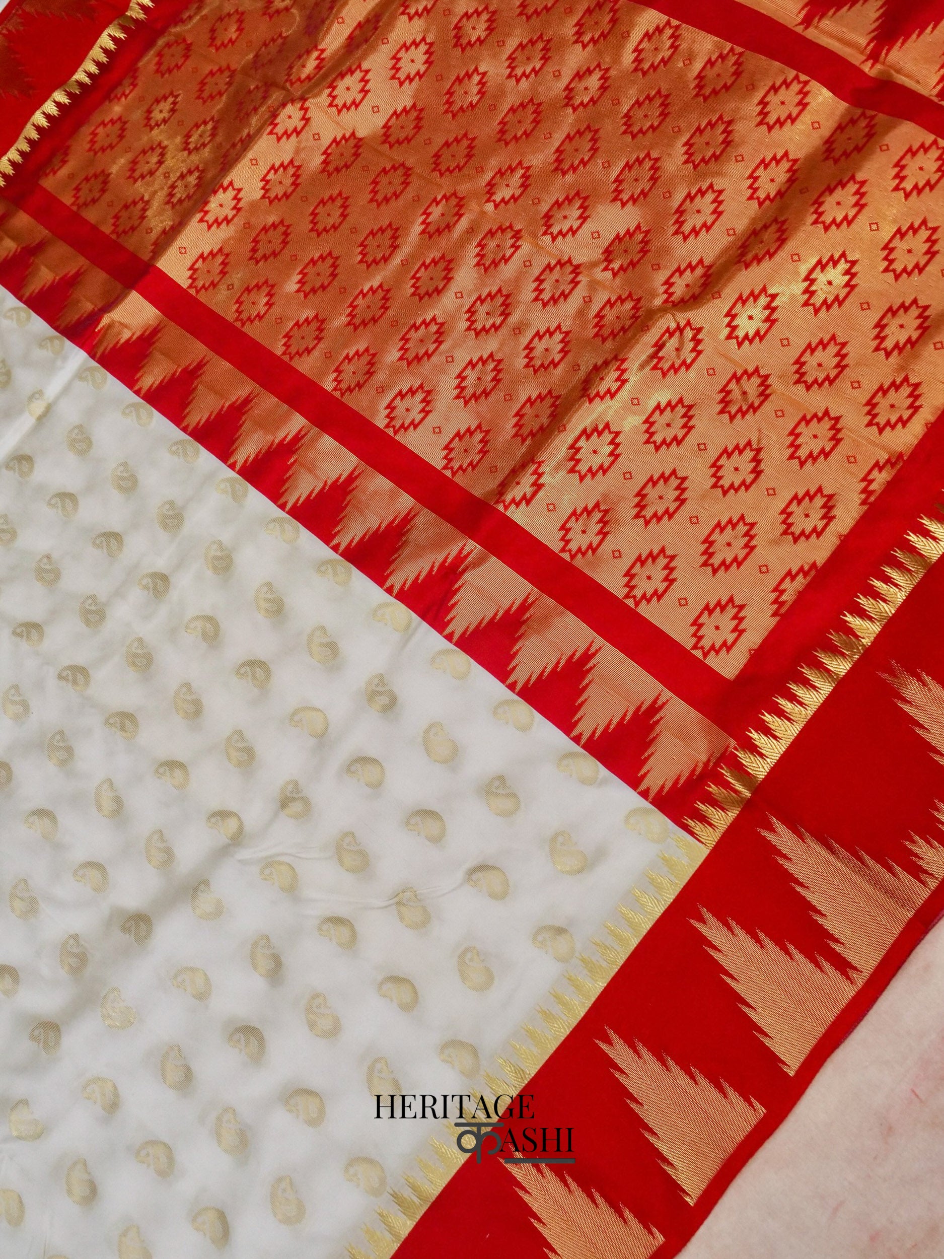 White Red Katan Silk Temple Border Geometric Pallu Saree