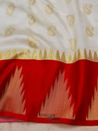White Red Katan Silk Temple Border Geometric Pallu Saree
