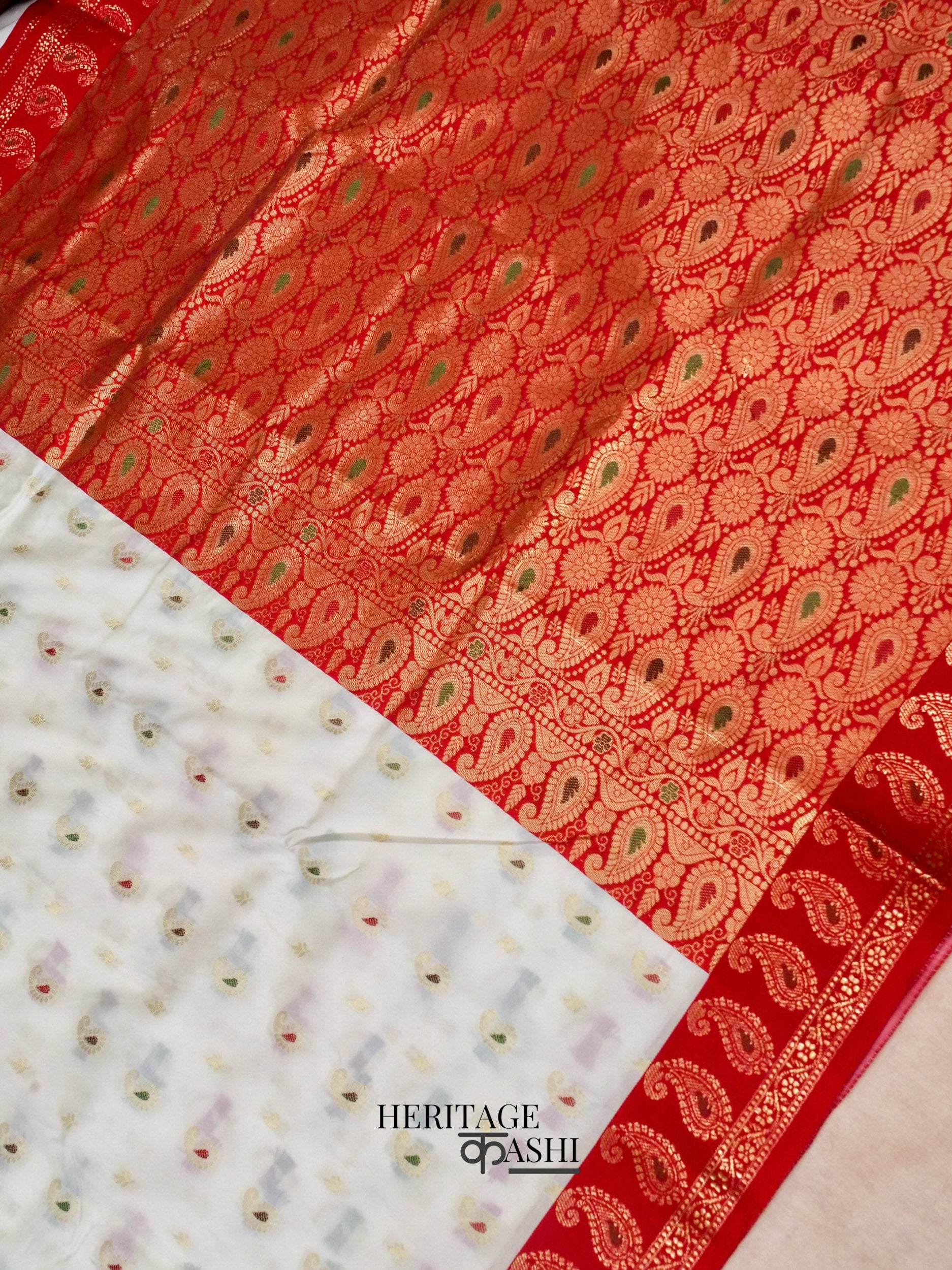 White Red Katan Silk Multicolor Paisley Banarasi Pallu Saree