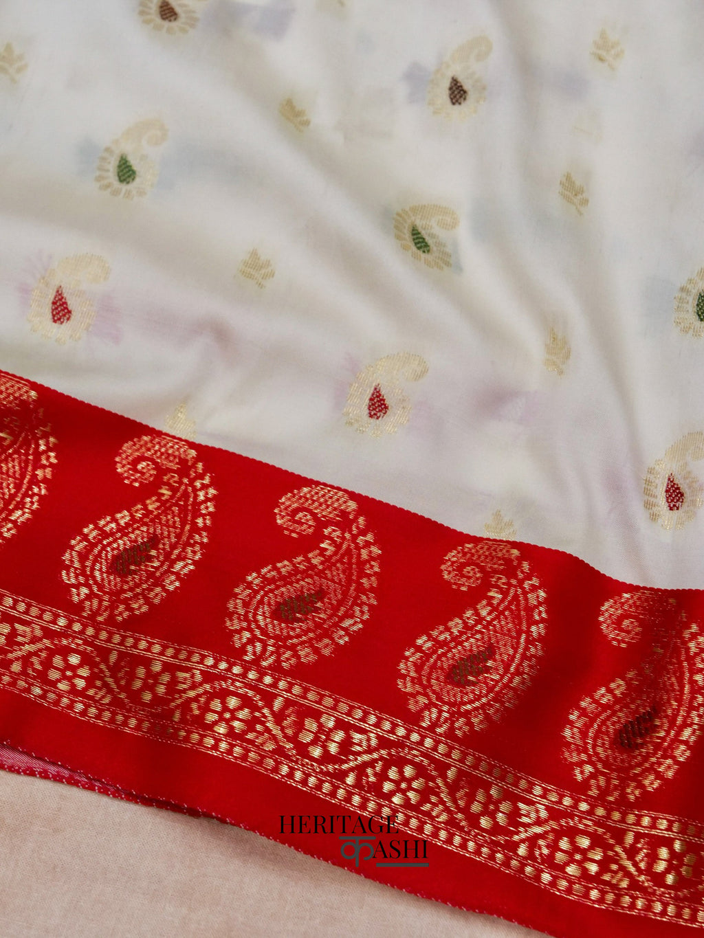White Red Katan Silk Multicolor Paisley Banarasi Pallu Saree