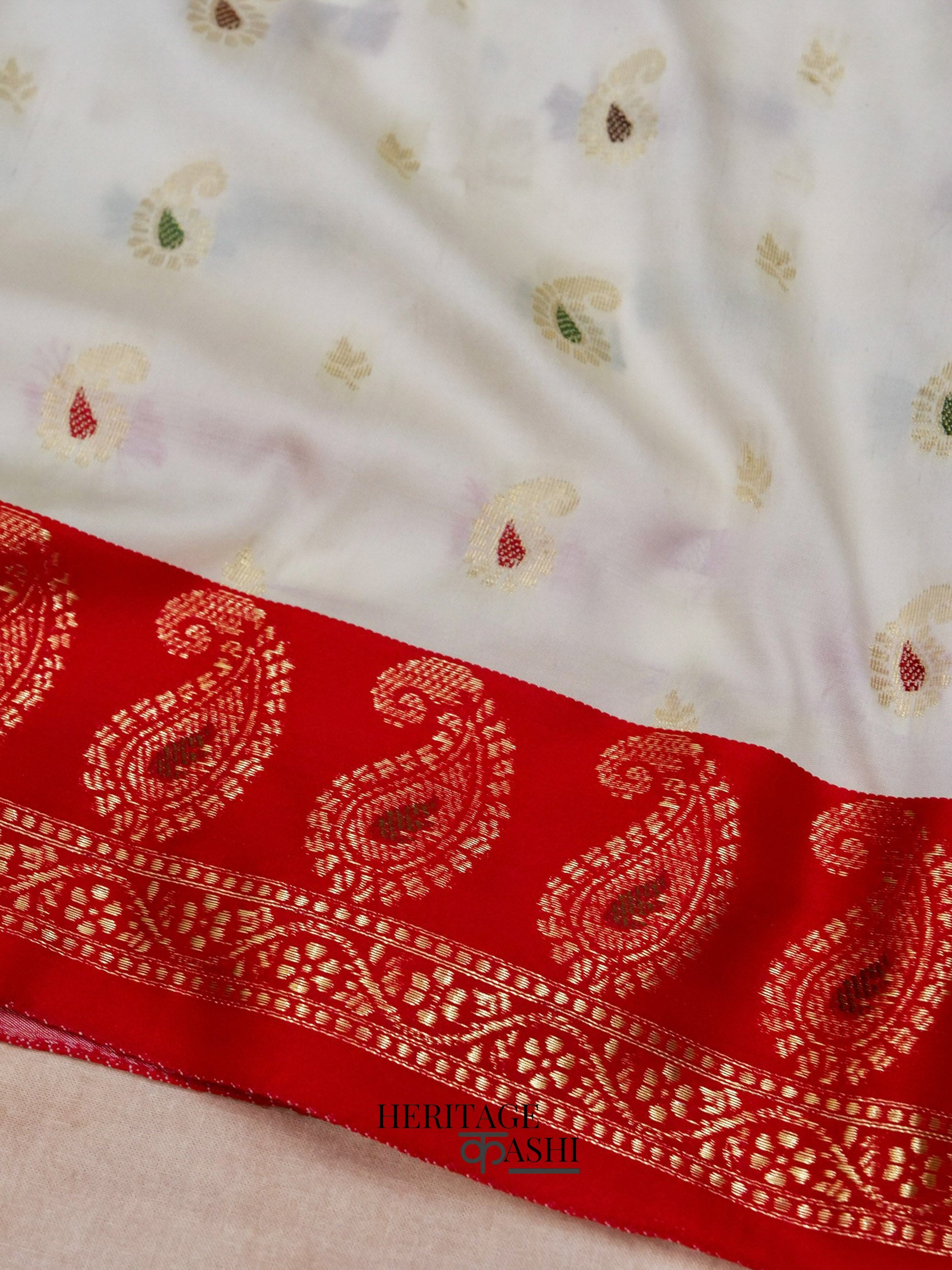 White Red Katan Silk Multicolor Paisley Banarasi Pallu Saree