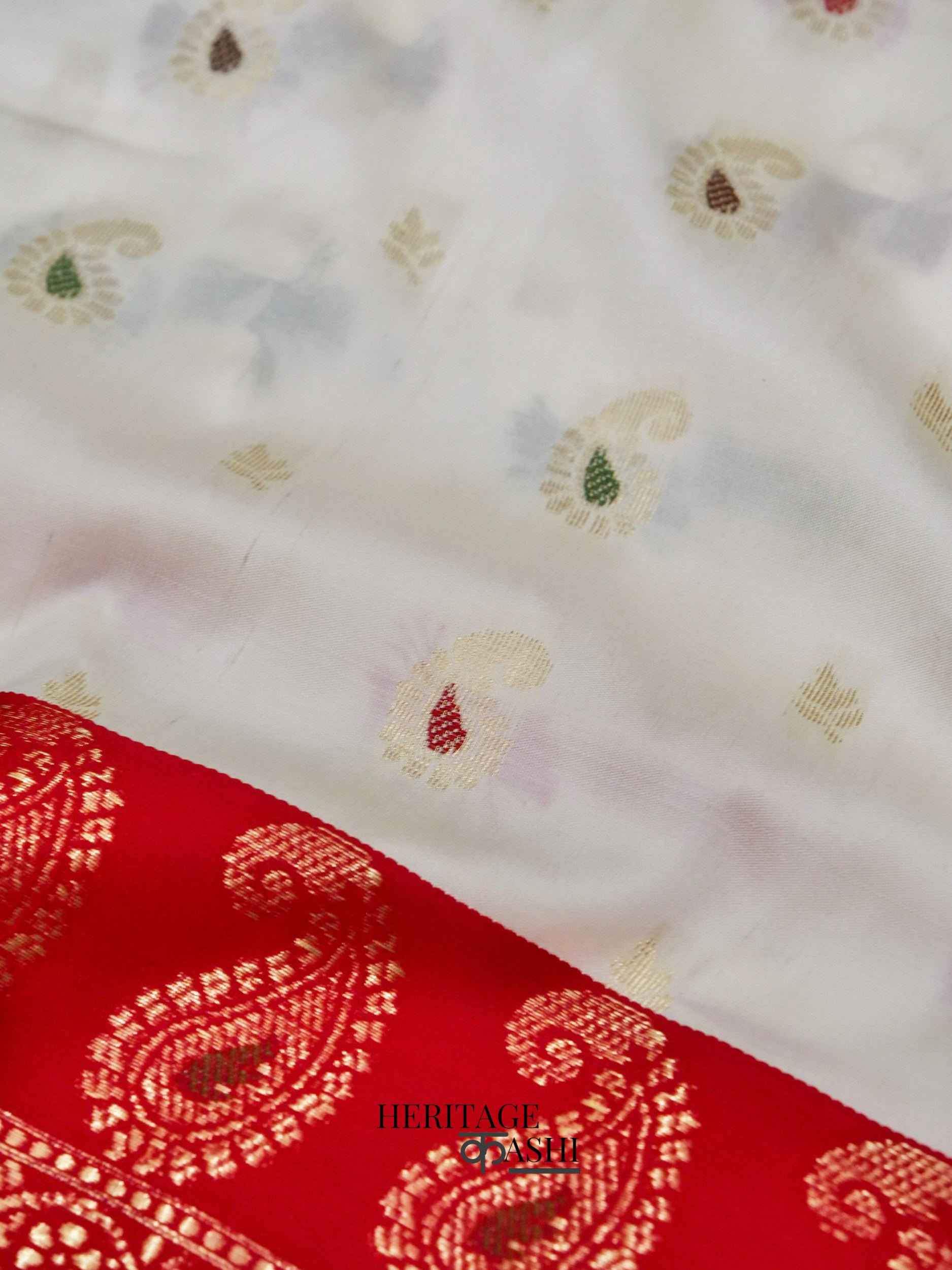 White Red Katan Silk Multicolor Paisley Banarasi Pallu Saree