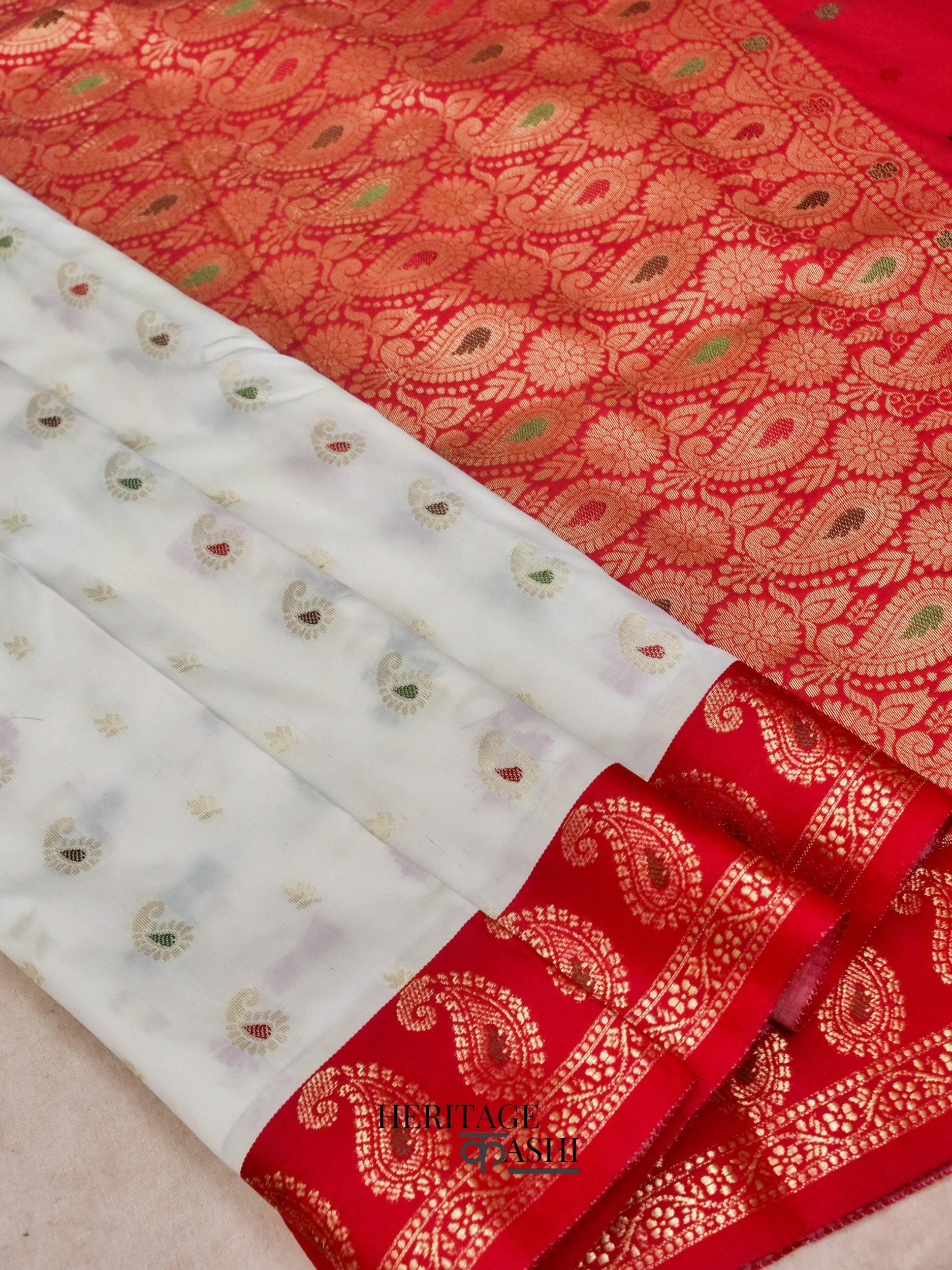 White Red Katan Silk Multicolor Paisley Banarasi Pallu Saree