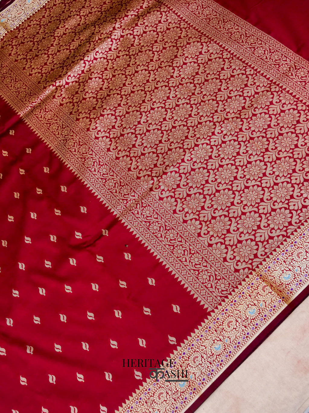 Blood Red Katan Silk Buti With Minakari Border Saree