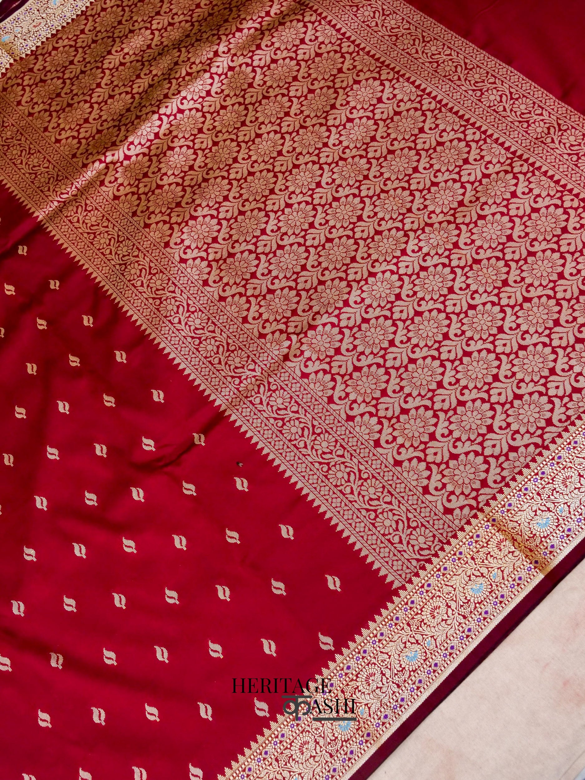 Blood Red Katan Silk Buti With Minakari Border Saree