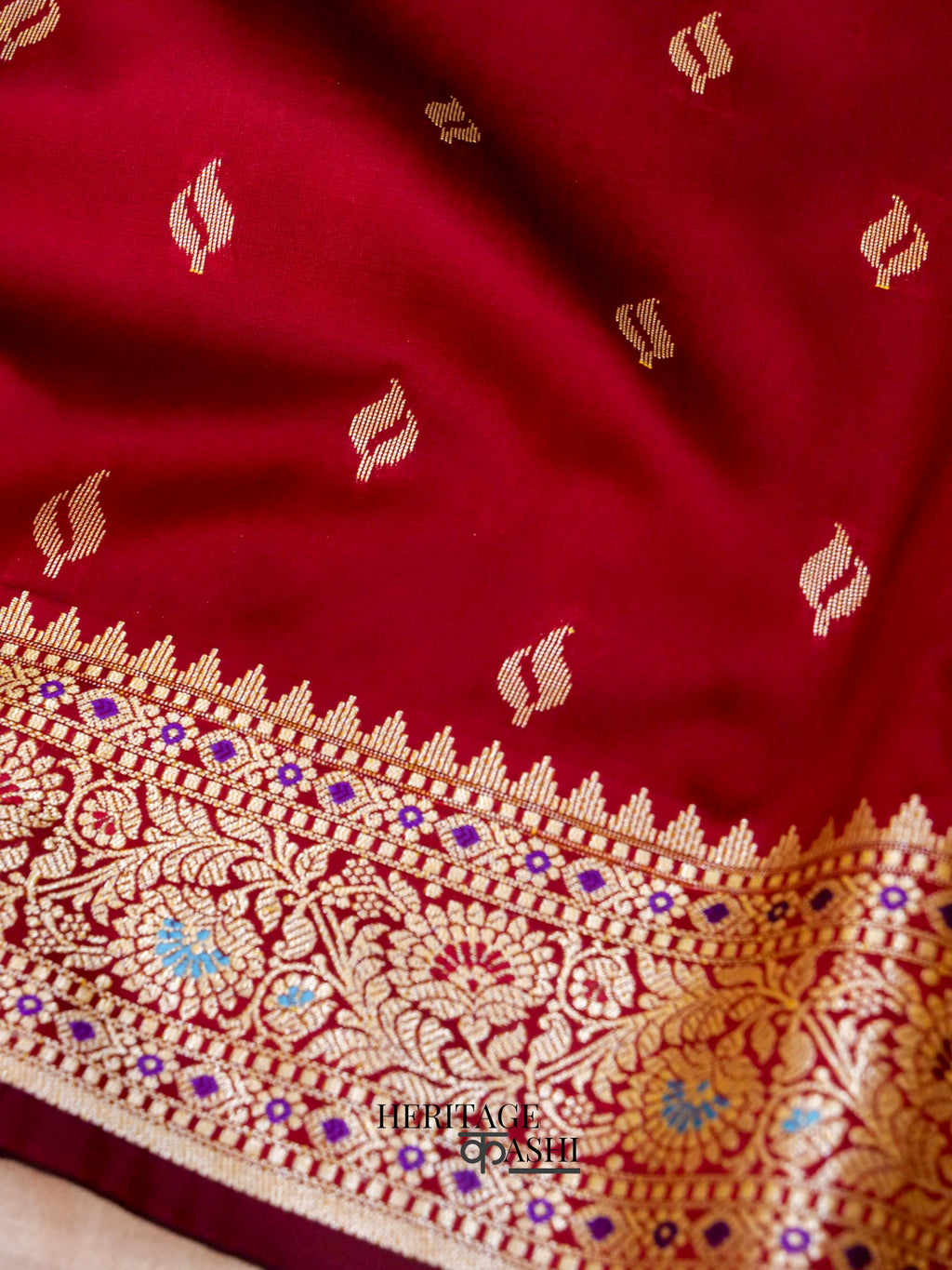 Blood Red Katan Silk Buti With Minakari Border Saree