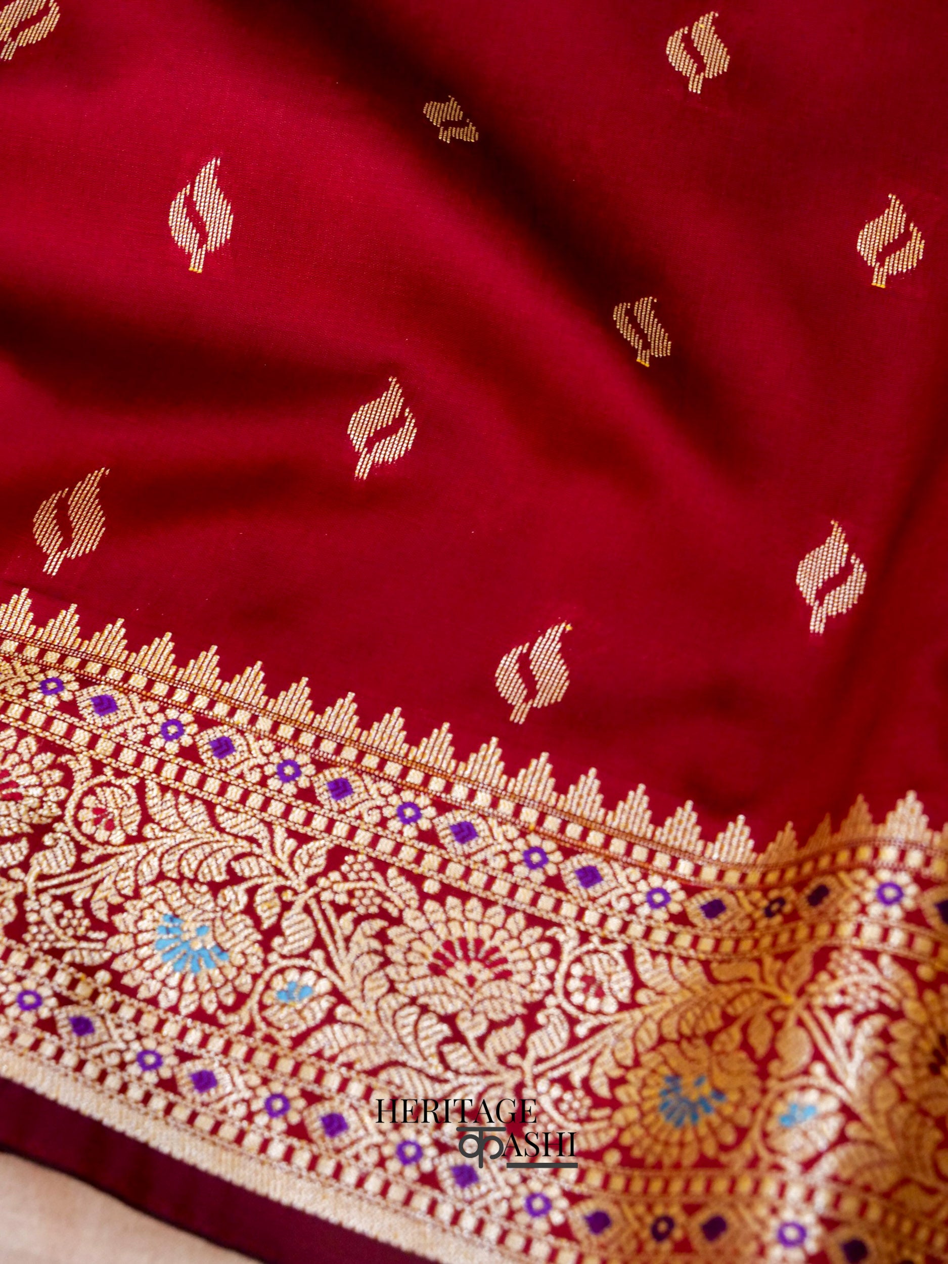 Blood Red Katan Silk Buti With Minakari Border Saree