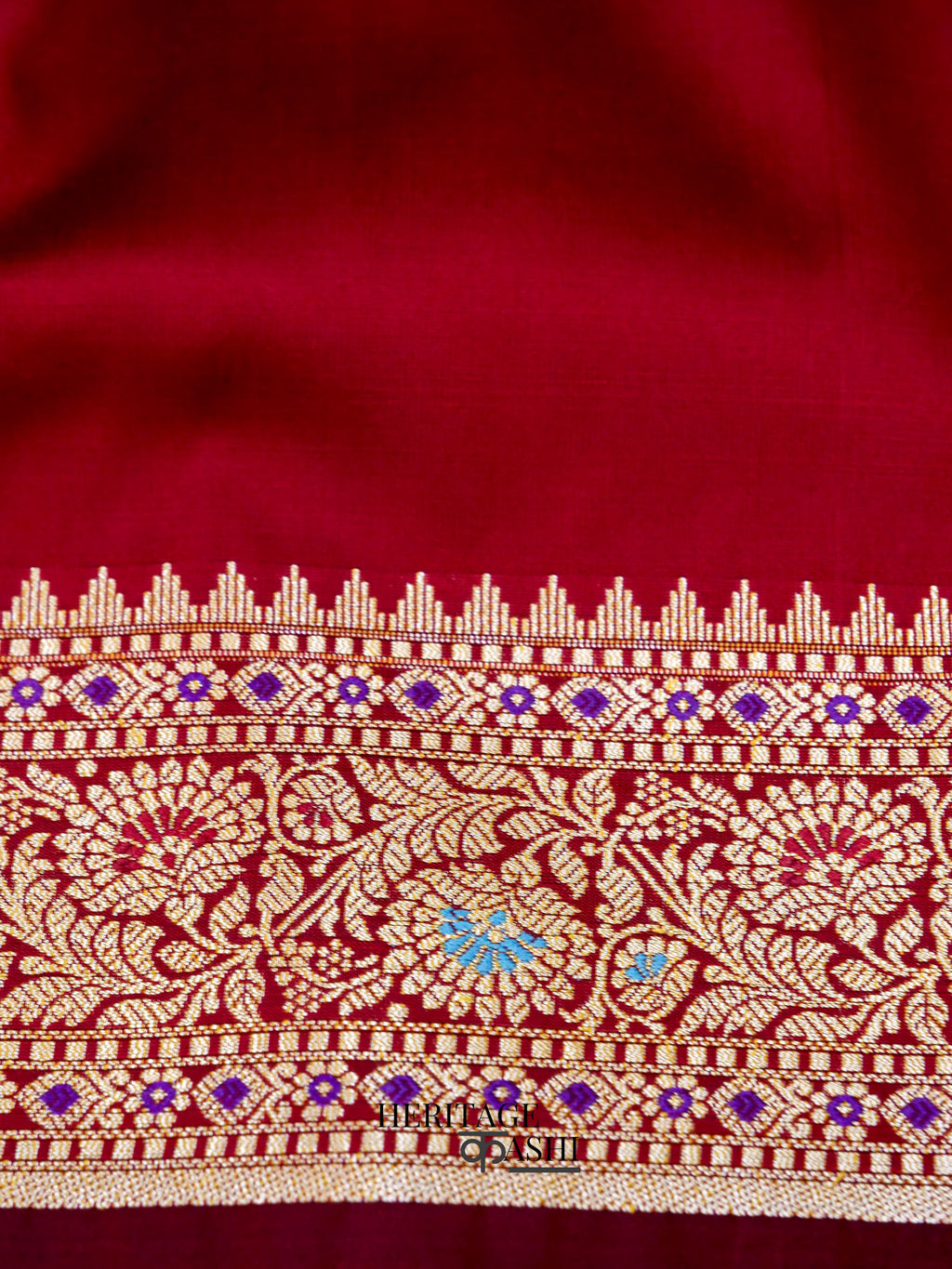 Blood Red Katan Silk Buti With Minakari Border Saree