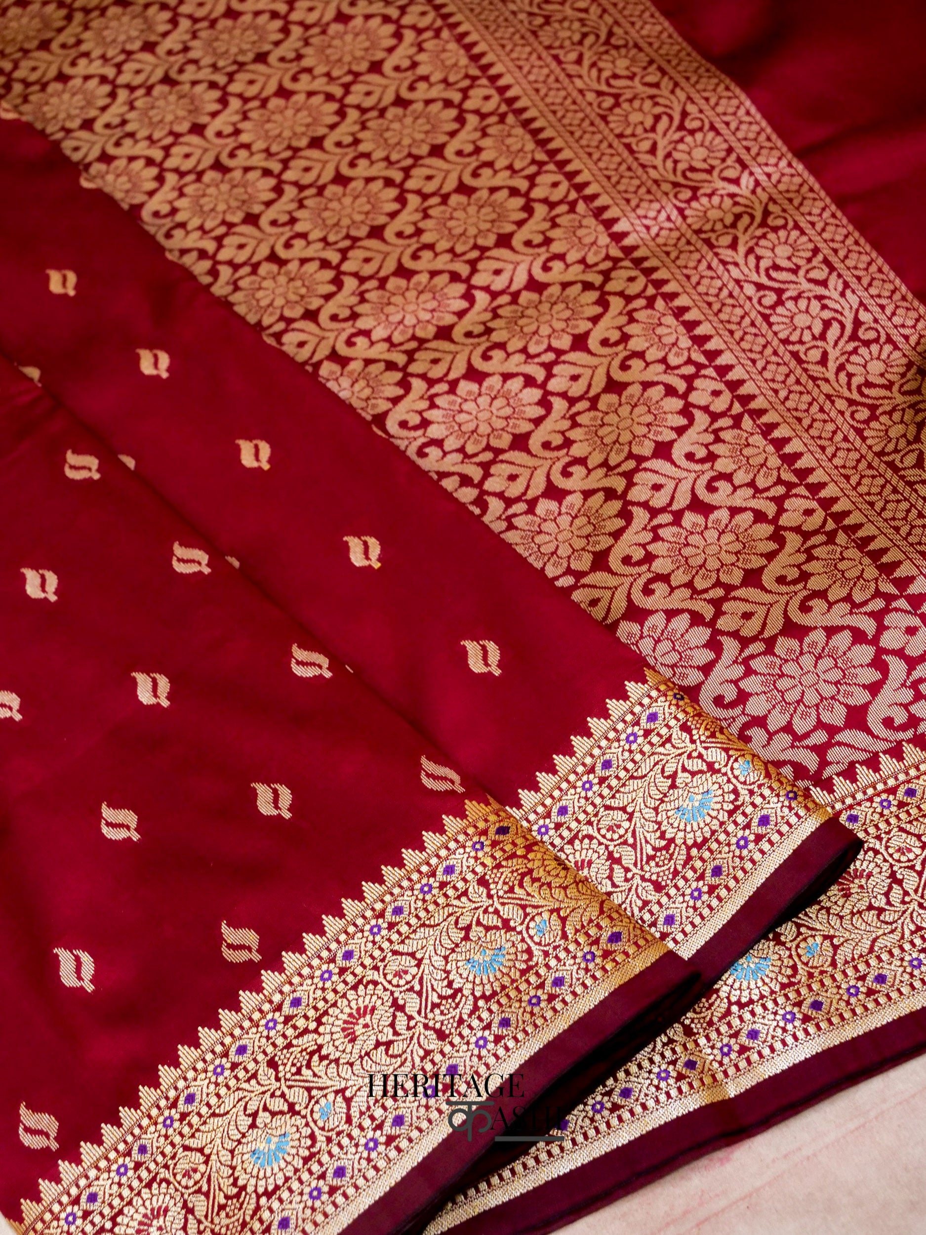 Blood Red Katan Silk Buti With Minakari Border Saree