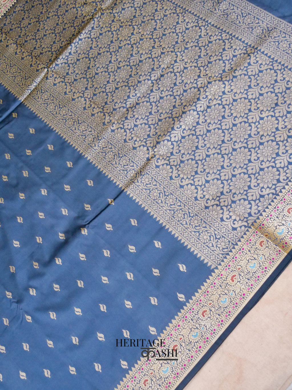 Dusky Blue Katan Silk Buti With Minakari Border Saree