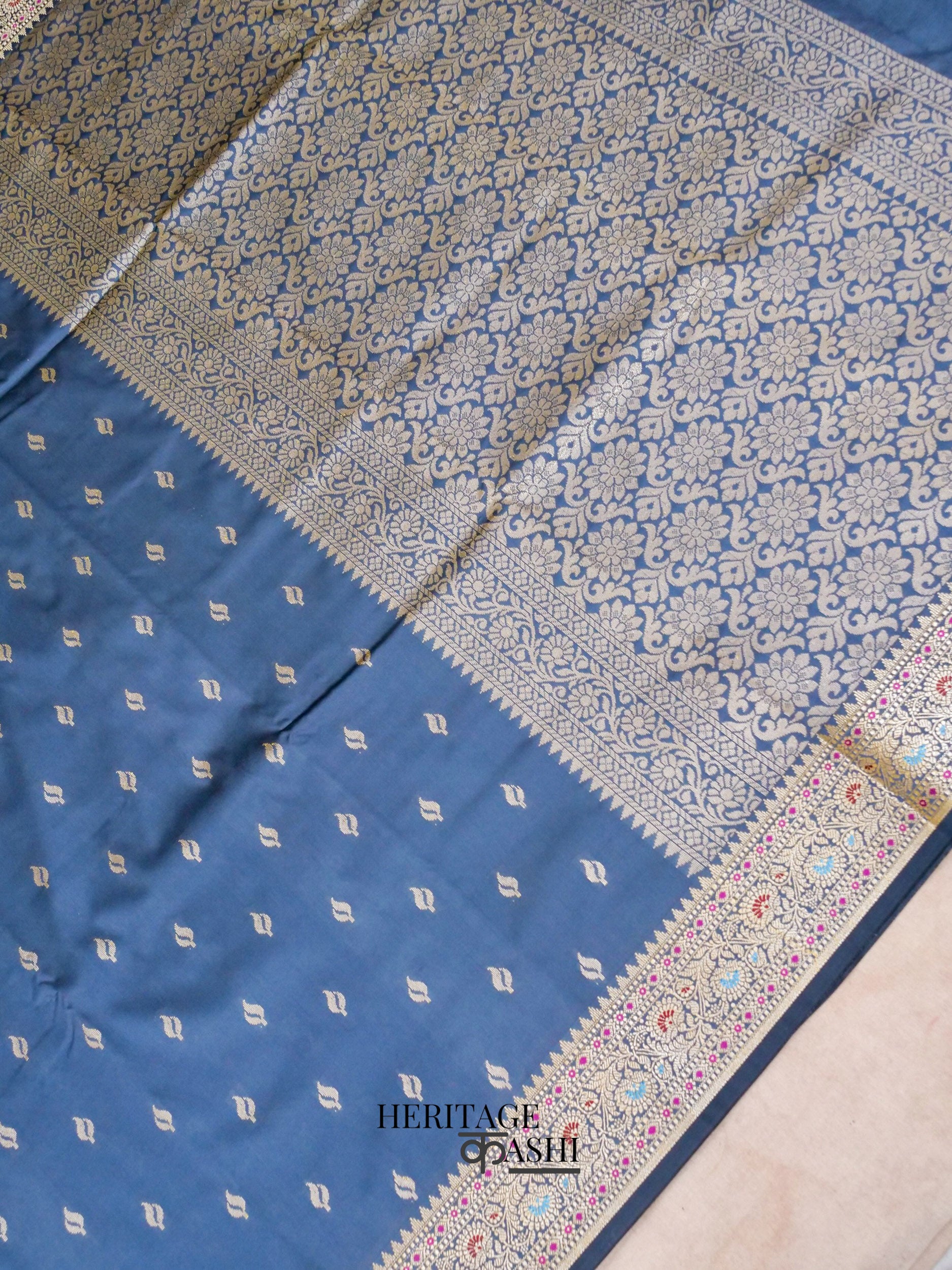 Dusky Blue Katan Silk Buti With Minakari Border Saree