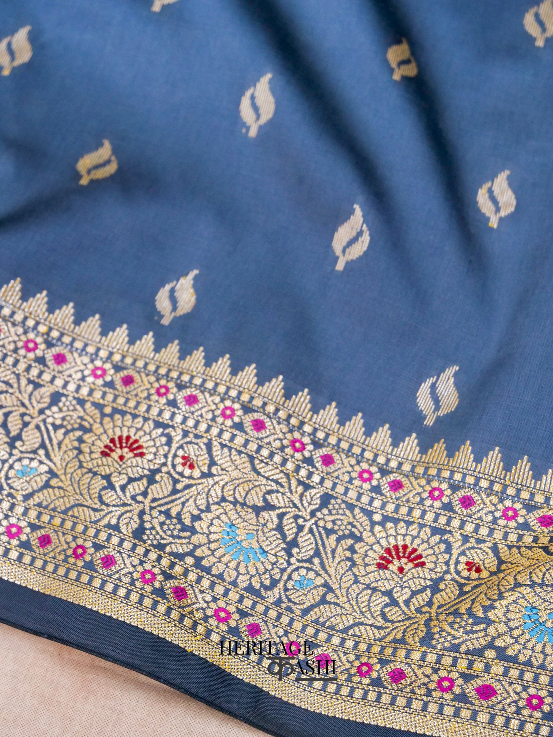 Dusky Blue Katan Silk Buti With Minakari Border Saree