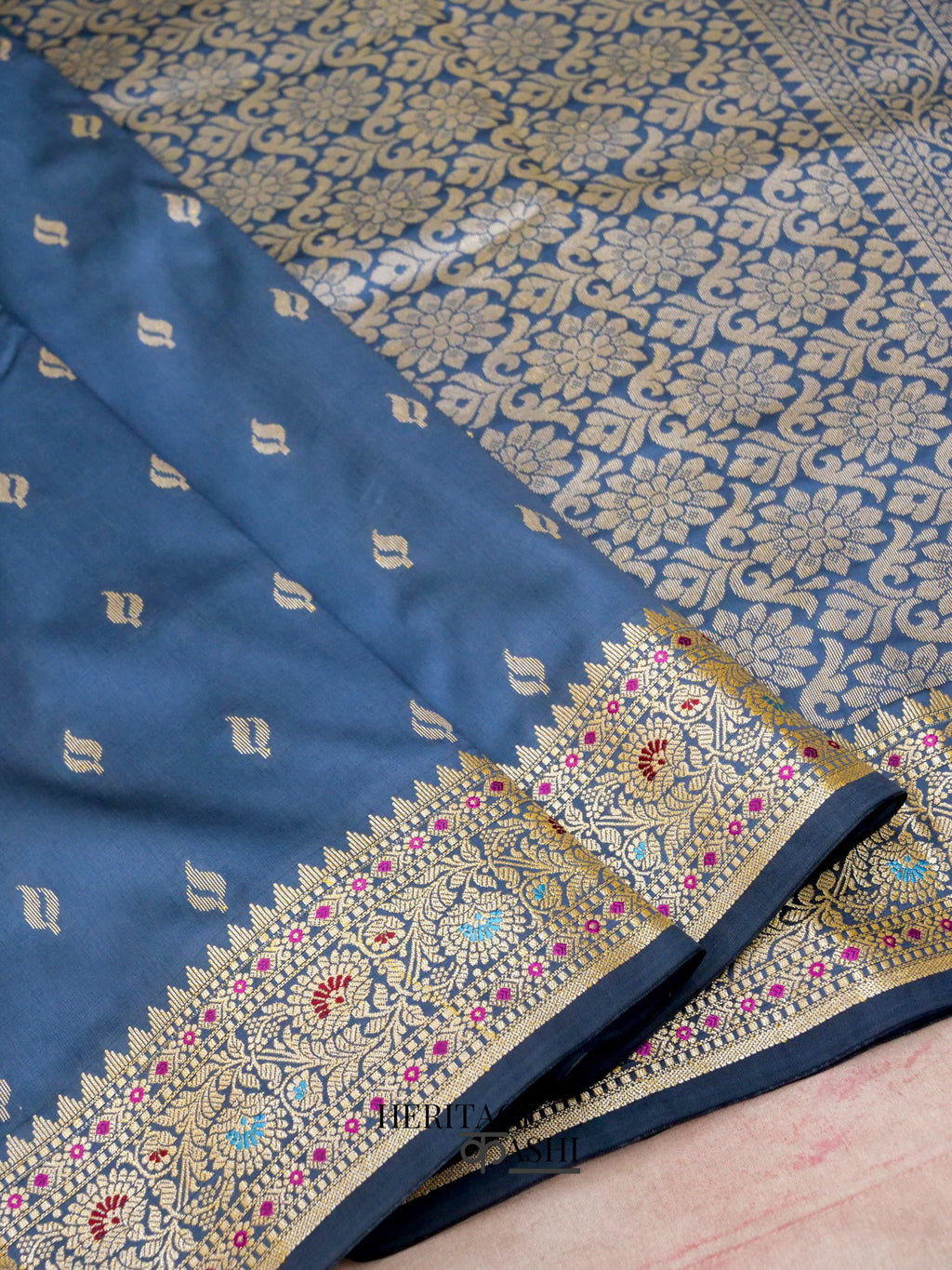 Dusky Blue Katan Silk Buti With Minakari Border Saree