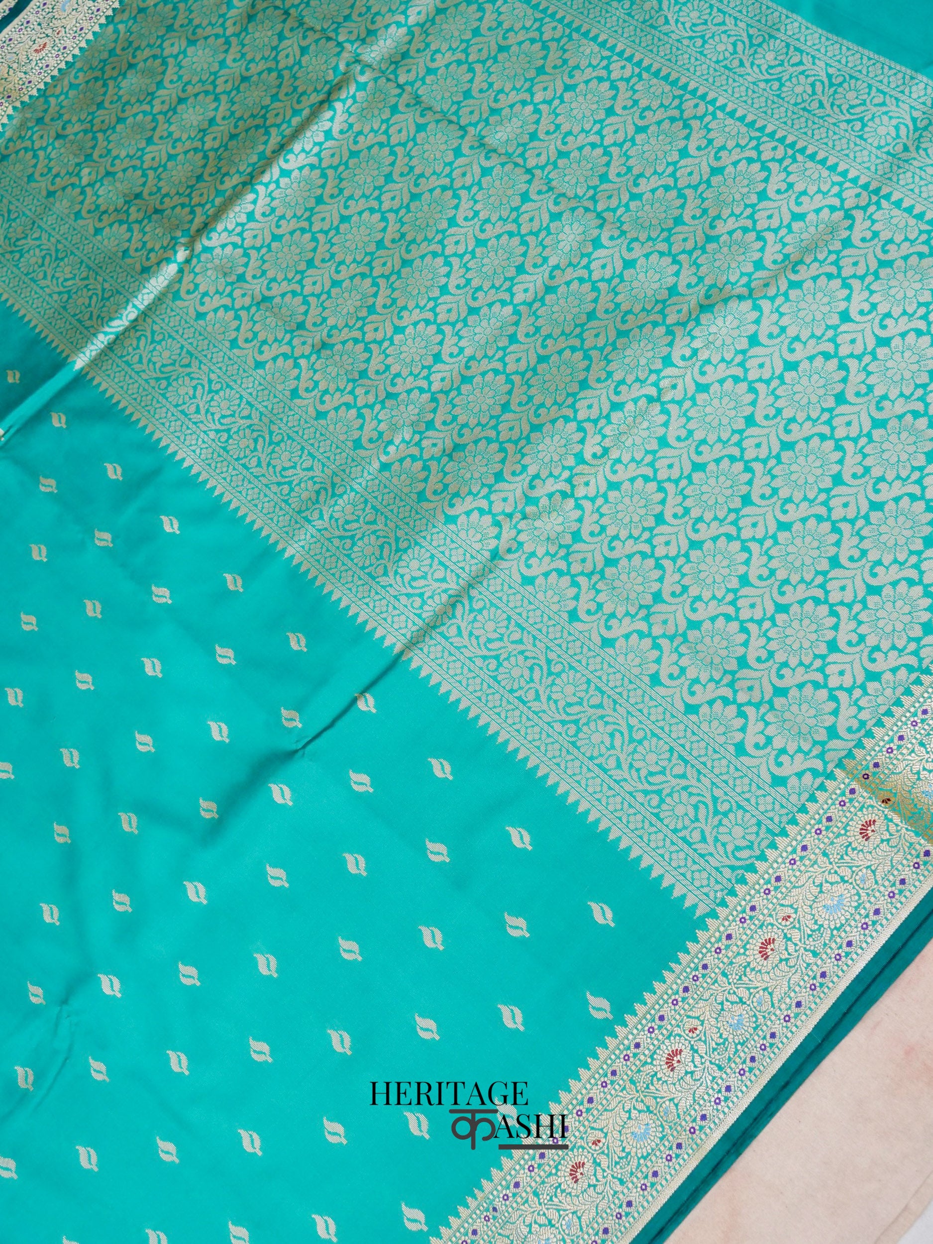 Teal Green Katan Silk Buti With Minakari Border Saree