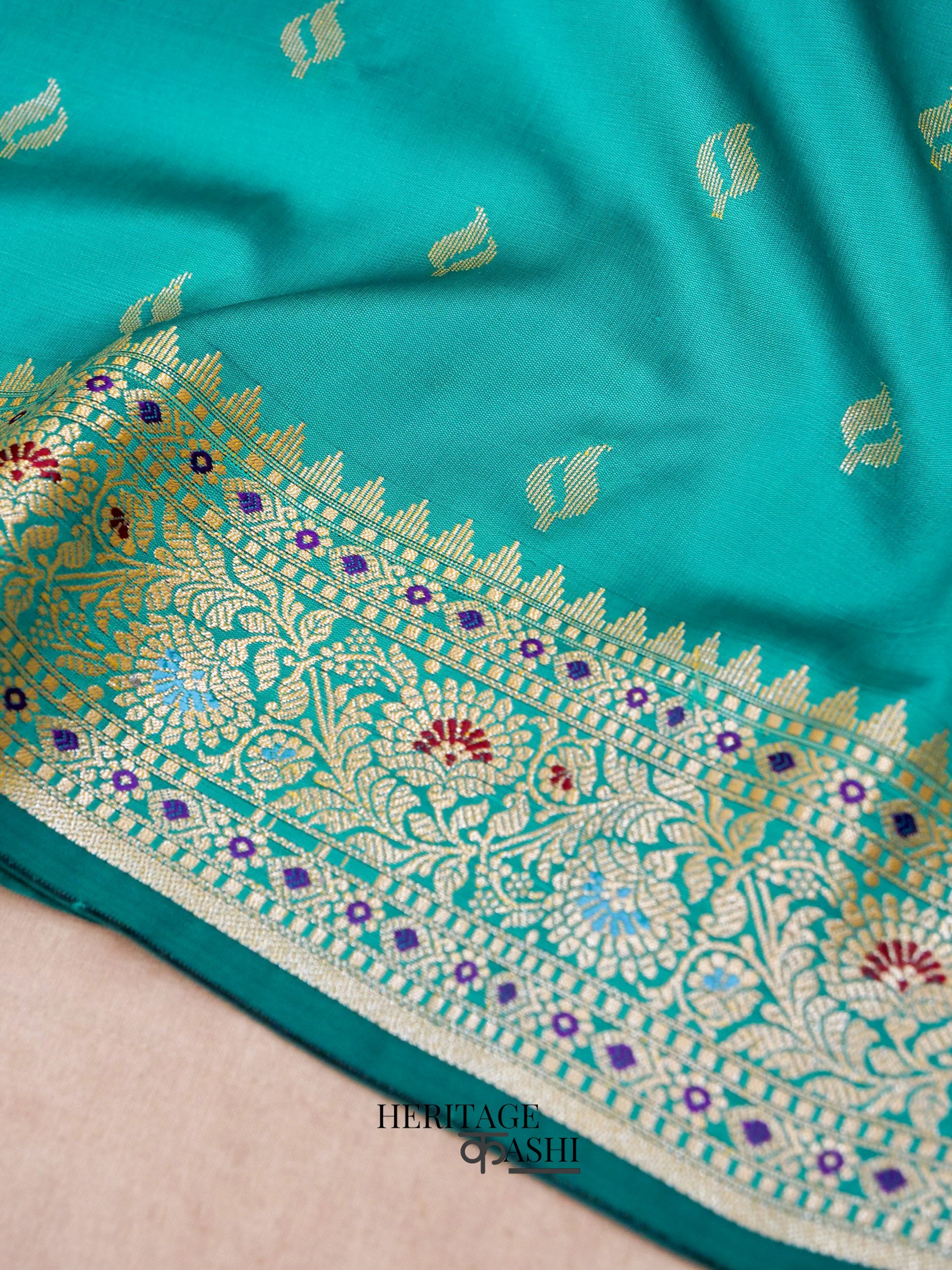 Teal Green Katan Silk Buti With Minakari Border Saree