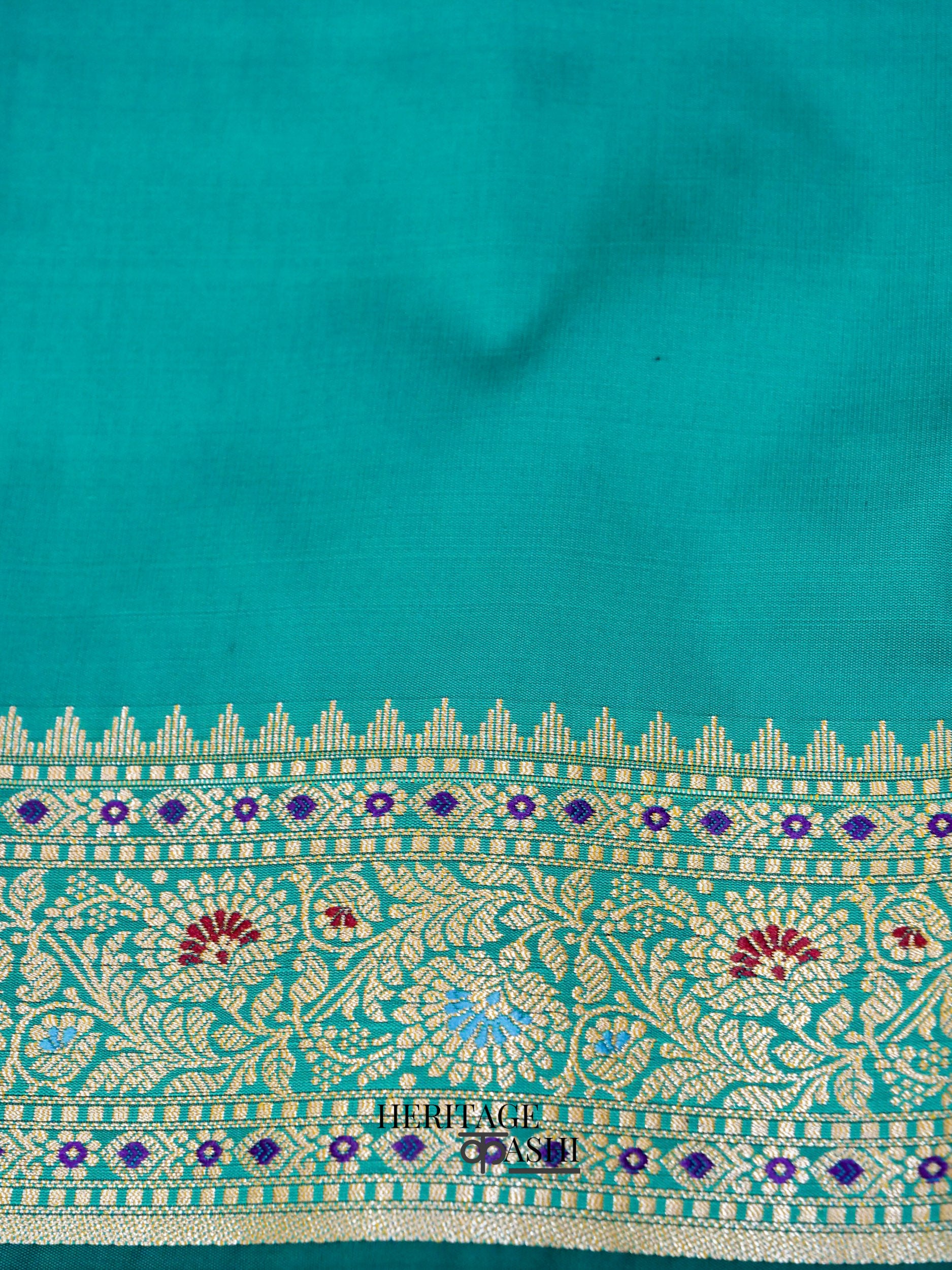 Teal Green Katan Silk Buti With Minakari Border Saree