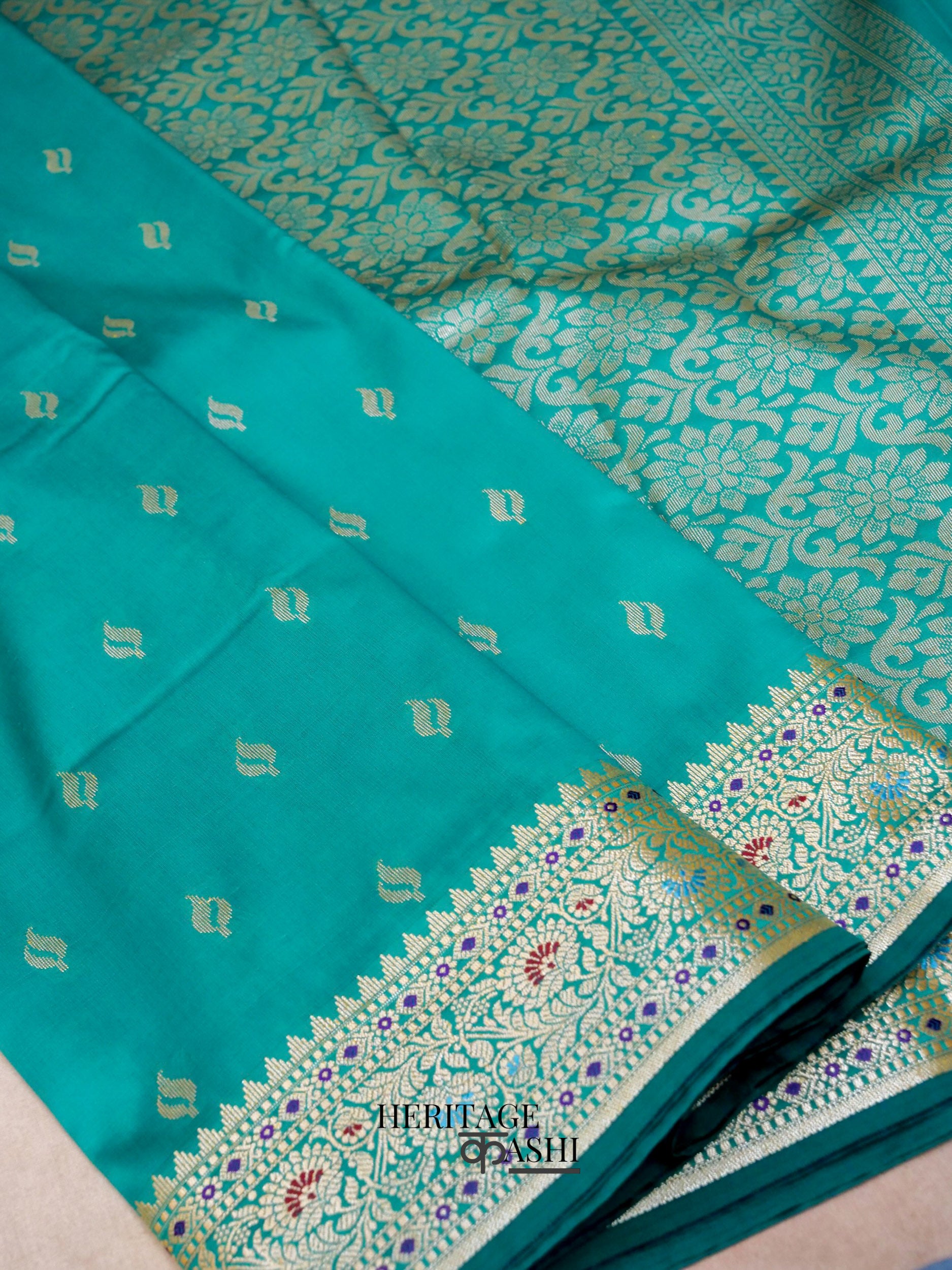 Teal Green Katan Silk Buti With Minakari Border Saree