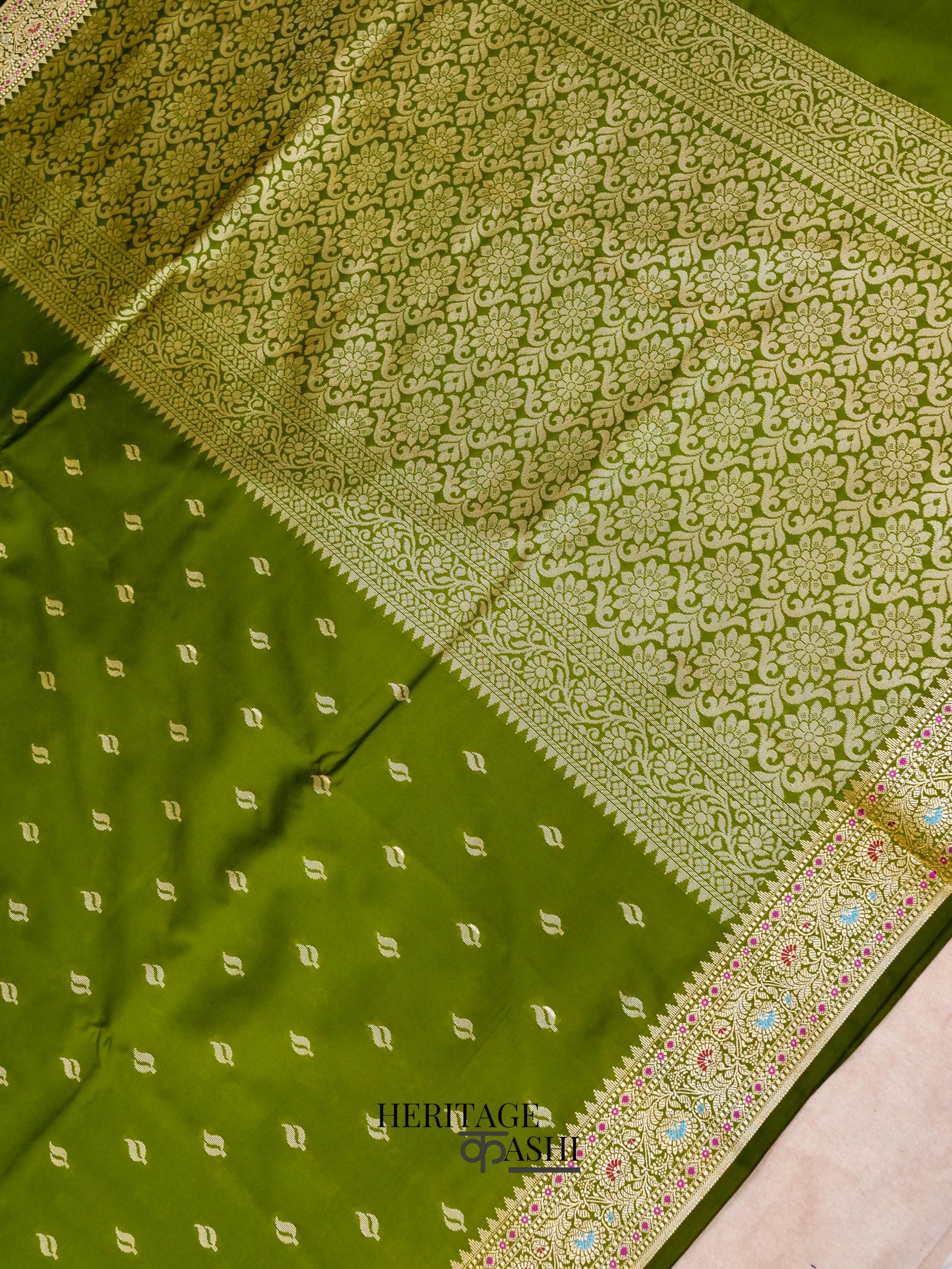 Olive Green Katan Silk Buti With Minakari Border Saree